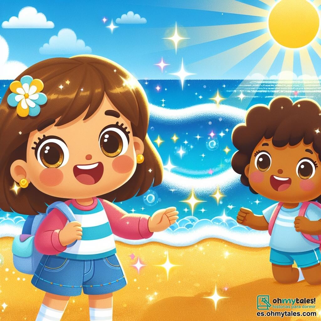 Une illustration destinée aux enfants représentant une jeune fille joyeuse et curieuse qui passe des vacances d'été inoubliables à la plage, accompagnée d'un nouvel ami, sous un ciel bleu éclatant, avec des vagues pétillantes et un sable doré qui scintille au soleil.