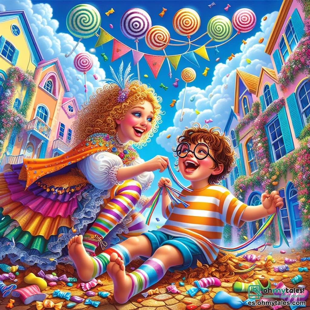 Ilustración que representa una escena colorida en la ciudad de Risalandia, donde casas de fachadas pastel y jardines florecidos se extienden bajo un cielo azul brillante. En el centro, una heroína de cabello rizado y brillante, vestida con un traje colorido y una capa ondeante, sonríe alegremente mientras sostiene una serpentina de fiesta que brilla. A su lado, un niño de unos 8 años, con gafas redondas y una camiseta a rayas, está sentado sobre un montón de hojas, riendo a carcajadas, con calcetines multicolores esparcidos a su alrededor. La escena principal muestra a la heroína ayudando al niño a levantarse después de una caída divertida, mientras nubes con forma de dulces flotan sobre ellos, añadiendo un toque de magia y ligereza. Globos de colores y confeti en el aire refuerzan el ambiente festivo y alegre de este encuentro amistoso.
