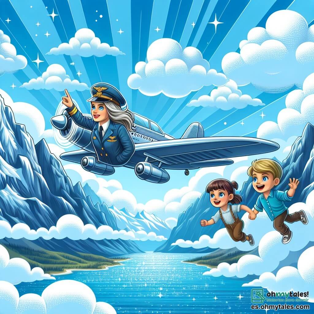 Une illustration destinée aux enfants représentant une pilote d'avion courageuse, accompagnée de deux enfants émerveillés, volant à travers un ciel bleu azur parsemé de nuages cotonneux, survolant des montagnes majestueuses et un océan scintillant, prêts à vivre une aventure inoubliable.