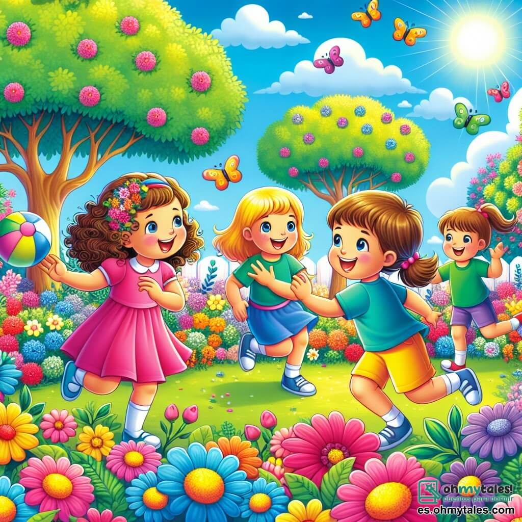 Ilustración que representa un jardín colorido bañado de luz, con flores brillantes de todos los colores, árboles verdes con hojas relucientes y un cielo azul salpicado de nubes blancas y esponjosas. En el centro, tres niñas de aproximadamente 8 años juegan juntas. La primera niña, con cabello rizado y castaño, lleva un vestido rosa y lanza una pelota con entusiasmo. La segunda niña, con cabello liso y rubio, viste una camiseta azul y un short amarillo, sonriendo mientras atrapa la pelota. La tercera niña, con cabello castaño recogido en una coleta, lleva un vestido verde y se queda un poco atrás, riendo y aplaudiendo a sus amigas. La escena muestra la energía y la alegría de la amistad, con risas y gestos dinámicos. En el fondo, mariposas coloridas vuelan alrededor de las flores, añadiendo un toque de magia a la atmósfera alegre del jardín.