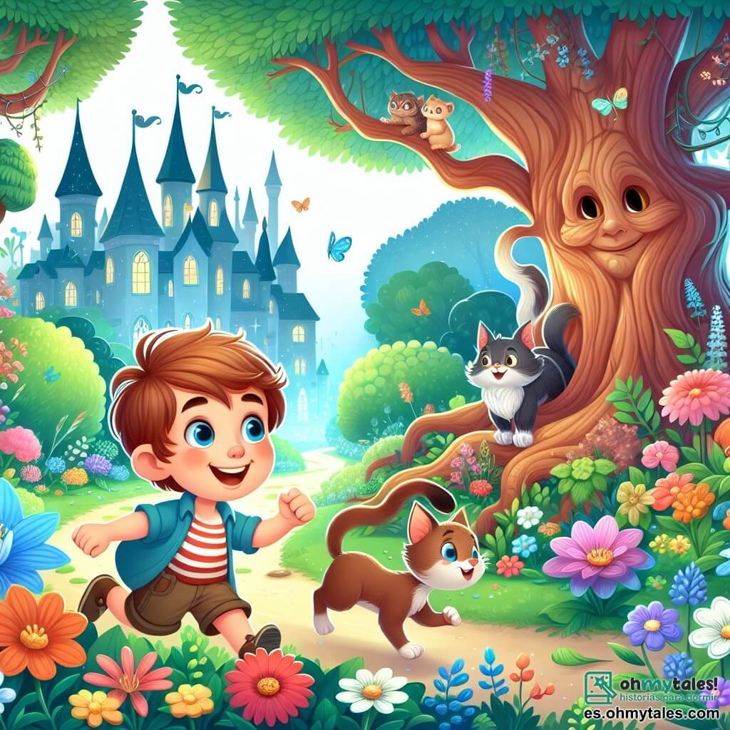 Une illustration destinée aux enfants représentant un garçon joyeux et curieux, accompagné de son chat malicieux, explorant un jardin enchanté rempli de fleurs colorées, arbres majestueux et un vieux arbre mystérieux.