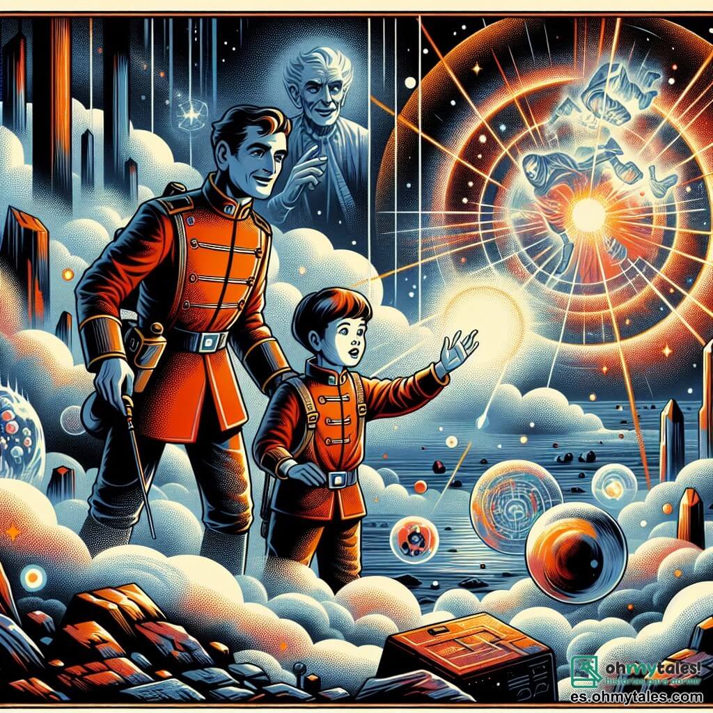 Une illustration destinée aux enfants représentant un jeune ingénieur spatial audacieux et curieux, accompagné de la capitaine Valeria, une femme intrépide, explorant un planète mystérieux enveloppé d'une neblina brillante et rempli de illusions et énigmes.