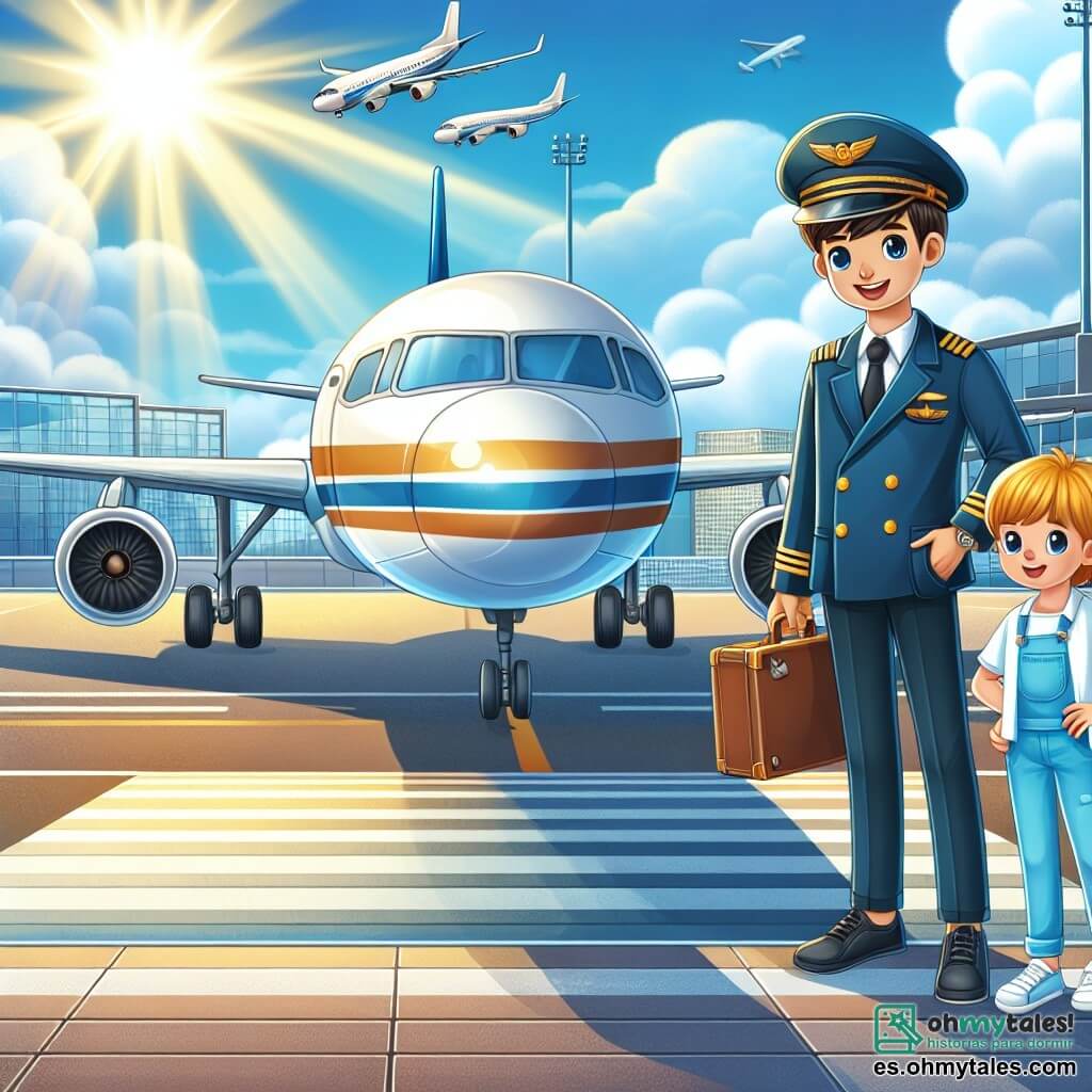 Une illustration destinée aux enfants représentant un pilote d'avion, un garçon curieux et sa sœur aventureuse, se préparant pour un vol vers une île paradisiaque, avec un avion bleu et doré brillant sous le soleil, sur le tarmac animé de l'aéroport international de la ville.