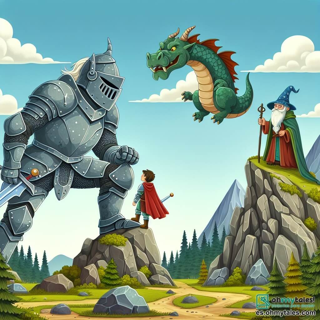 Une illustration destinée aux enfants représentant un courageux chevalier, vêtu d'une armure étincelante, affrontant un gigantesque dragon de pierre surplombant une montagne escarpée et mystérieuse, accompagné par un sage magicien du bois, dans un royaume lointain et enchanteur.
