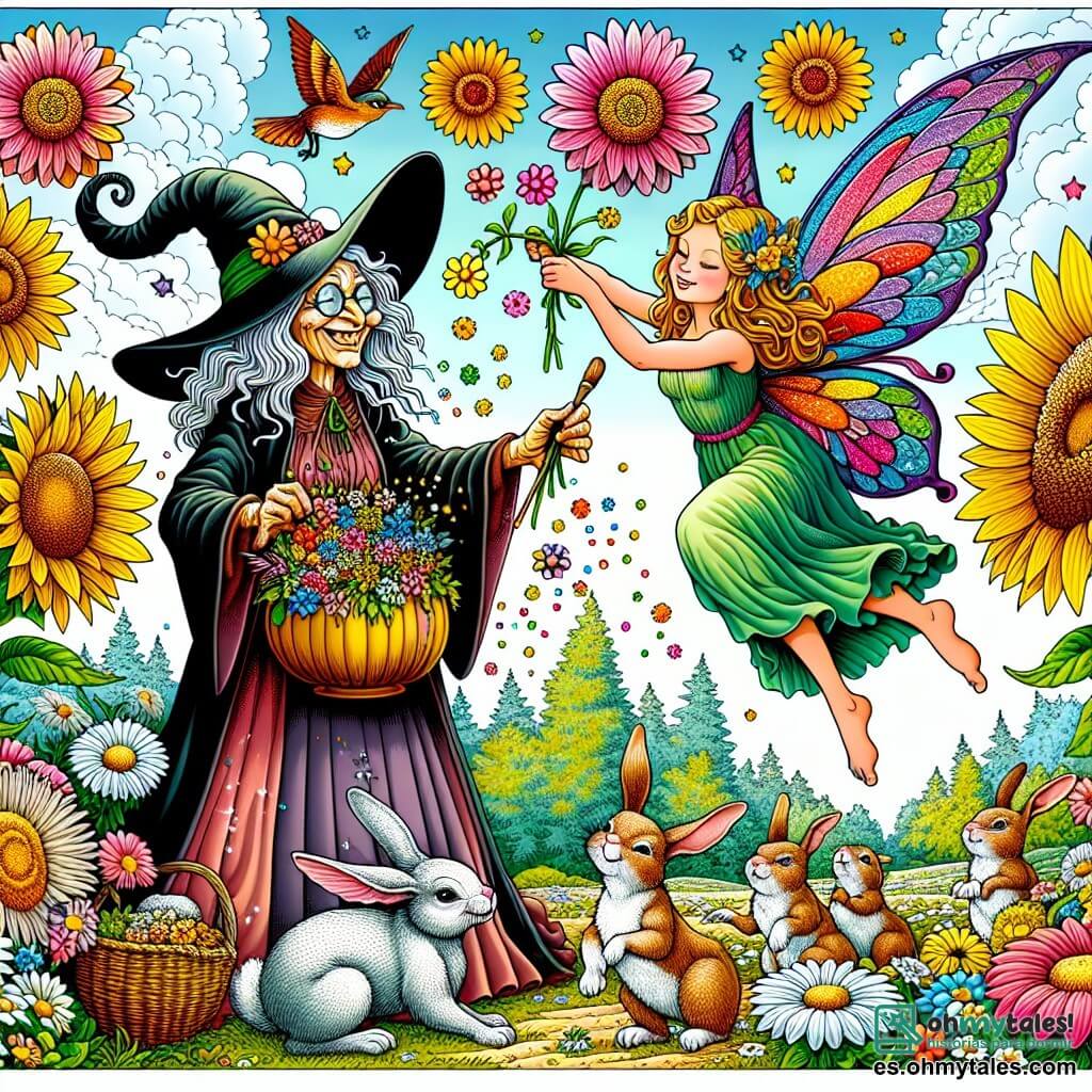 Une illustration destinée aux enfants représentant une sorcière espiègle créant des fleurs géantes dans un jardin enchanté, avec l'aide d'un fée sage aux ailes colorées, entourées de lapins curieux et de oiseaux joyeux, au cœur d'une clairière tapissée de marguerites multicolores et de tournesols géants.