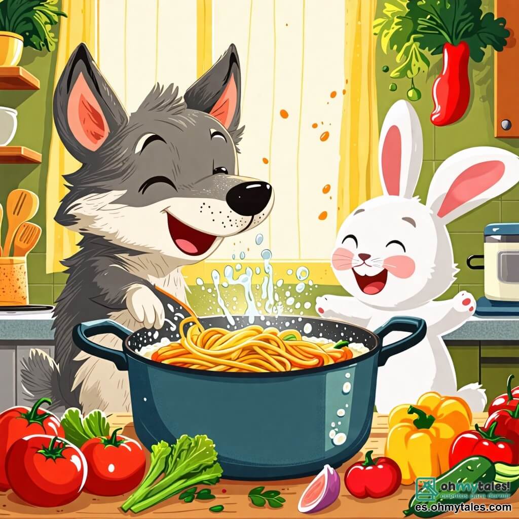 Une illustration sous forme de dessin destinée aux enfants représentant une cuisine chaleureuse et colorée, avec un loup au pelage gris et aux yeux malicieux, debout devant une grande casserole bouillonnante, éclaboussé d'eau, tout en riant avec un petit lapin blanc aux grandes oreilles qui saute de joie à côté de lui, entourés de légumes frais et d'ustensiles de cuisine éparpillés, capturant l'instant amusant où le loup essaie de préparer des spaghettis tout en faisant des gestes comiques.