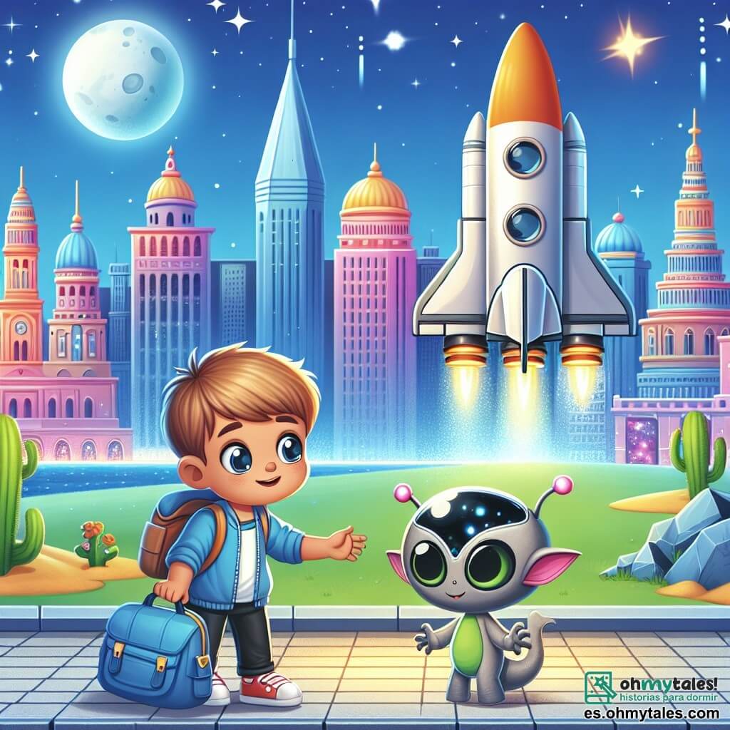 Une illustration destinée aux enfants représentant un garçon curieux découvrant une petite navette spatiale brillante tombée du ciel, accompagné d'un extraterrestre amical de petite taille, dans la magnifique et lumineuse Ville de los Sueños, avec ses gratte-ciel étincelants et ses rues illuminées.