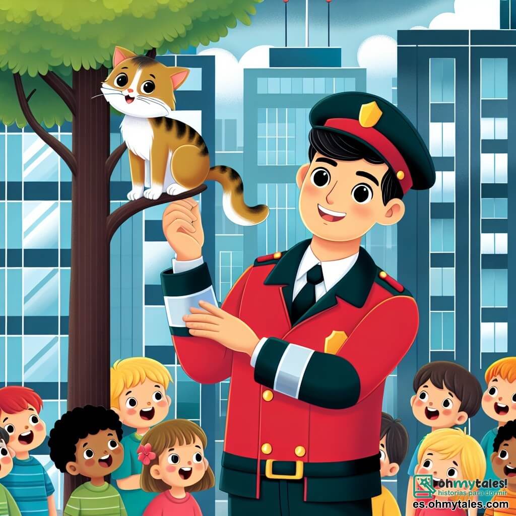 Une illustration destinée aux enfants représentant un homme au sourire chaleureux, vêtu d'un uniforme rouge brillant, sauvant un chat perché en haut d'un arbre, entouré de enfants admiratifs, dans la lumineuse et accueillante estación de bomberos de la ciudad.