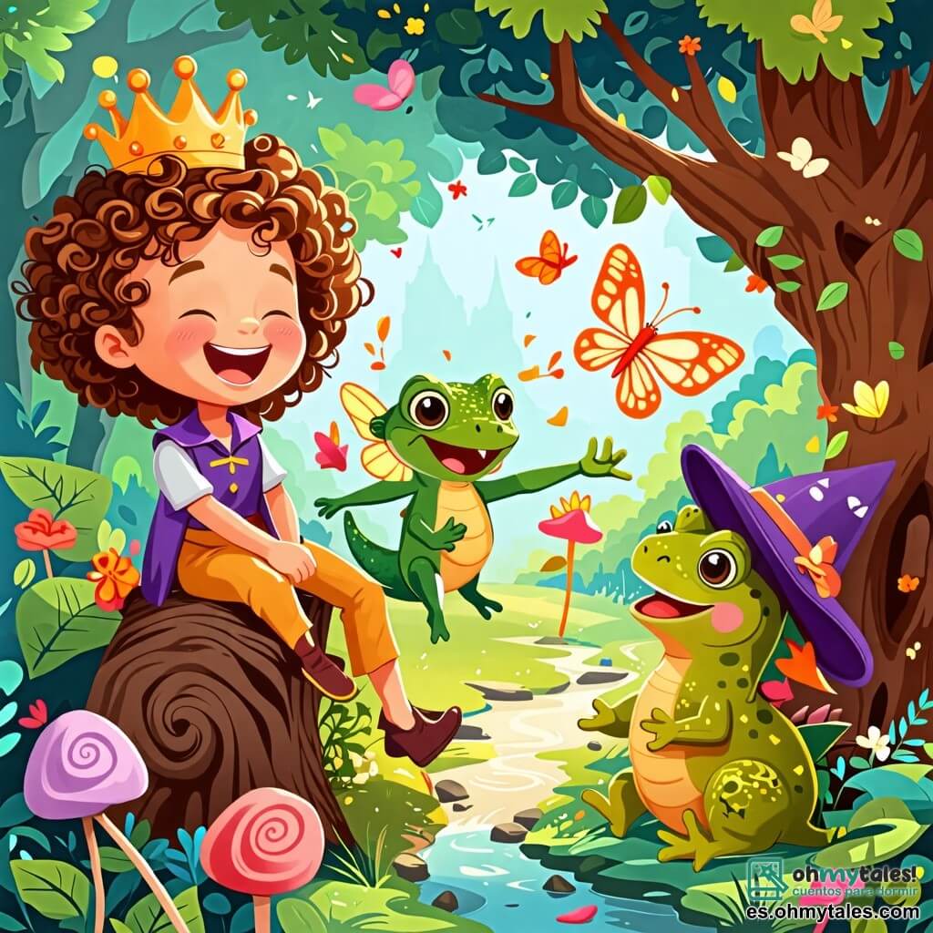 Une illustration sous forme de dessin destinée aux enfants représentant un royaume enchanté avec des arbres en bonbons et des rivières de chocolat, où un prince joyeux aux cheveux bouclés et à la couronne dorée, riant aux éclats, est assis sur un tronc d'arbre, entouré d'un petit dragon aux ailes de mariposa qui danse joyeusement et d'une grenouille au grand chapeau qui raconte une blague, le tout dans une ambiance de rires et de magie.