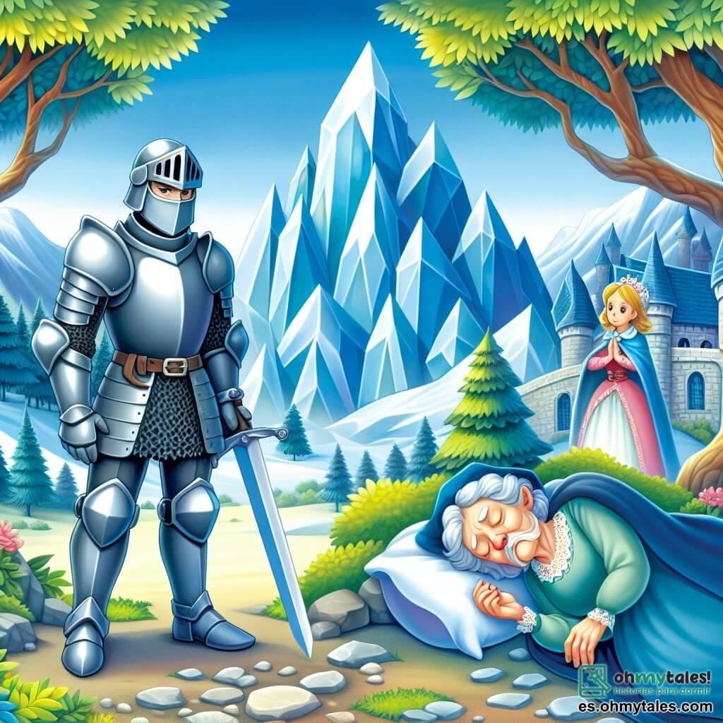 Une illustration destinée aux enfants représentant un courageux chevalier se tenant devant une montagne de cristal, accompagné d'une ancienne princesse endormie, dans le royaume enchanté d'Arkania, avec des arbres qui dansent au rythme du vent et des ombres mystérieuses.