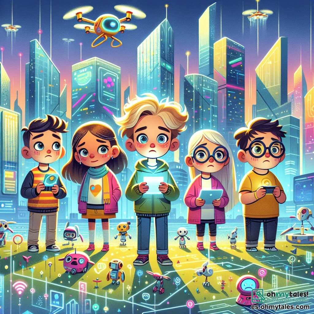 Une illustration sous forme de dessin destinée aux enfants représentant une ville futuriste de Neoterra, avec des rascacielos de cristal scintillants et des véhicules volants zippant dans le ciel, où un groupe d'enfants de 11 ans, composé d'un garçon aux cheveux ébouriffés et aux yeux brillants, d'une fille ingénieuse avec des lunettes et un petit dispositif dans les mains, d'une fille courageuse avec une expression déterminée et un garçon passionné par les robots, se tient ensemble, observant un dron coloré qui lit les émotions des passants, tandis qu'ils s'apprêtent à aider une femme triste à retrouver son petit chien perdu, illustrant ainsi l'importance de l'empathie et de l'amitié dans un monde technologique.