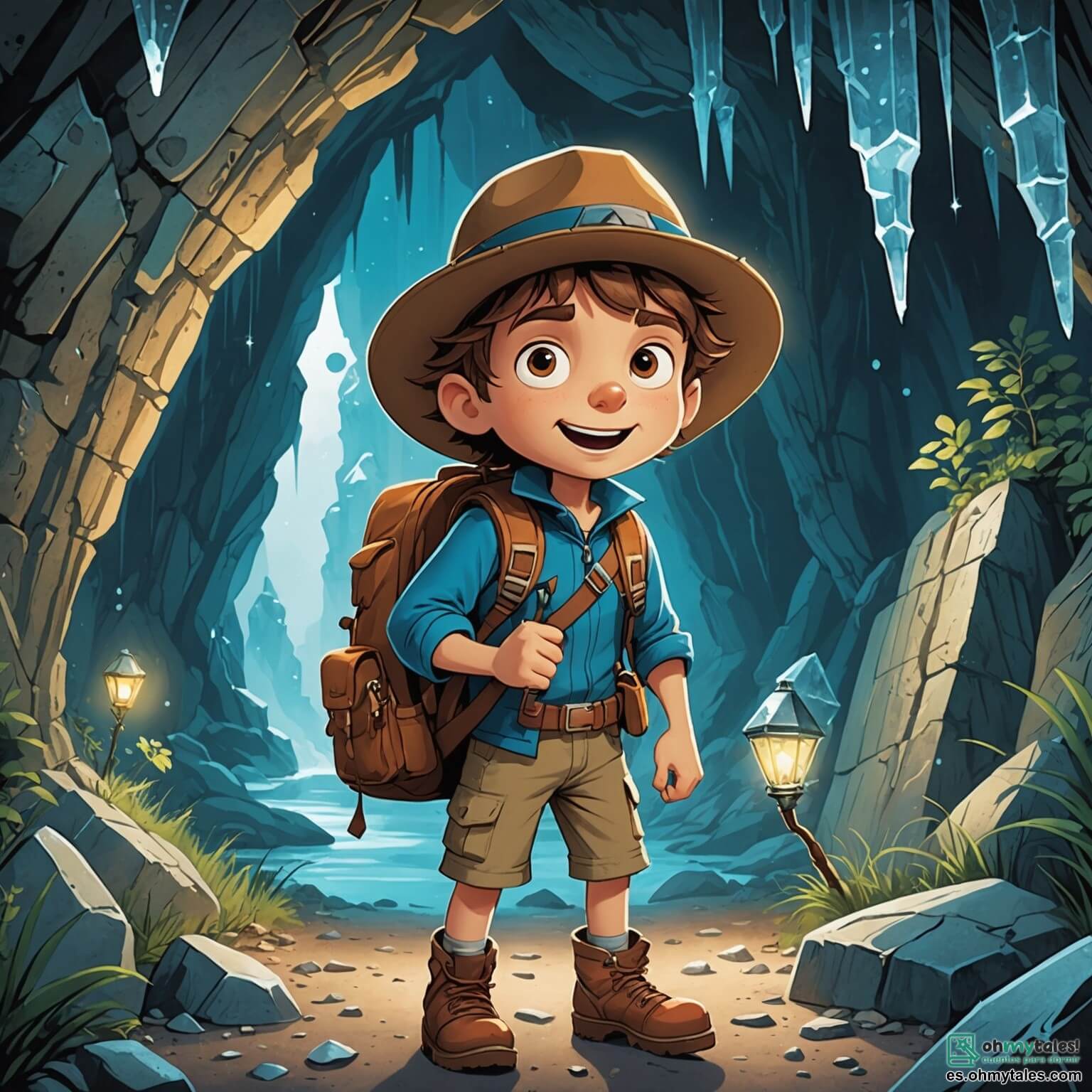 Une illustration destinée aux enfants représentant un garçon intrépide aux cheveux ébouriffés, portant un chapeau d'explorateur et un sac à dos rempli de trésors, se tenant devant l'entrée d'une caverne mystérieuse aux parois scintillantes, où des stalactites étincelantes tombent comme des cristaux de glace, tandis qu'à ses côtés, une fille courageuse aux yeux pétillants, armée d'une lampe torche, l'encourage à découvrir les secrets cachés de cet endroit enchanteur.