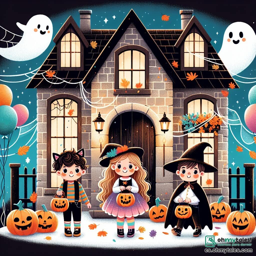 Ilustración que representa una casa antigua y misteriosa, con muros de piedra gris, ventanas de madera con persianas descoloridas y una puerta de madera maciza que se abre lentamente. Telarañas decoran las esquinas, y calabazas sonrientes iluminan el camino hacia la entrada, mientras hojas de otoño revolotean en el aire. En el centro de la imagen, una niña de 3 años, con grandes ojos curiosos y cabello rizado, lleva un sombrero negro con orejas de gato. Sonríe alegremente, sosteniendo una pequeña linterna en forma de calabaza en una mano, y parece lista para entrar en la casa. Junto a ella, dos amigos: un niño de aproximadamente 4 años, vestido con una capa de vampiro y dientes de plástico, que mira la casa con mezcla de emoción y aprensión, y una niña de 5 años, vestida de pequeña bruja con un gran sombrero puntiagudo, que agita una varita mágica brillante, lista para divertirse. La escena principal muestra a los tres niños tomados de la mano, listos para entrar en la casa encantada, rodeados de fantasmas amistosos que flotan a su alrededor, todos sonriendo y jugando con globos de colores. La atmósfera es festiva y mágica, llena de colores vivos y risas, capturando el espíritu alegre de Halloween.