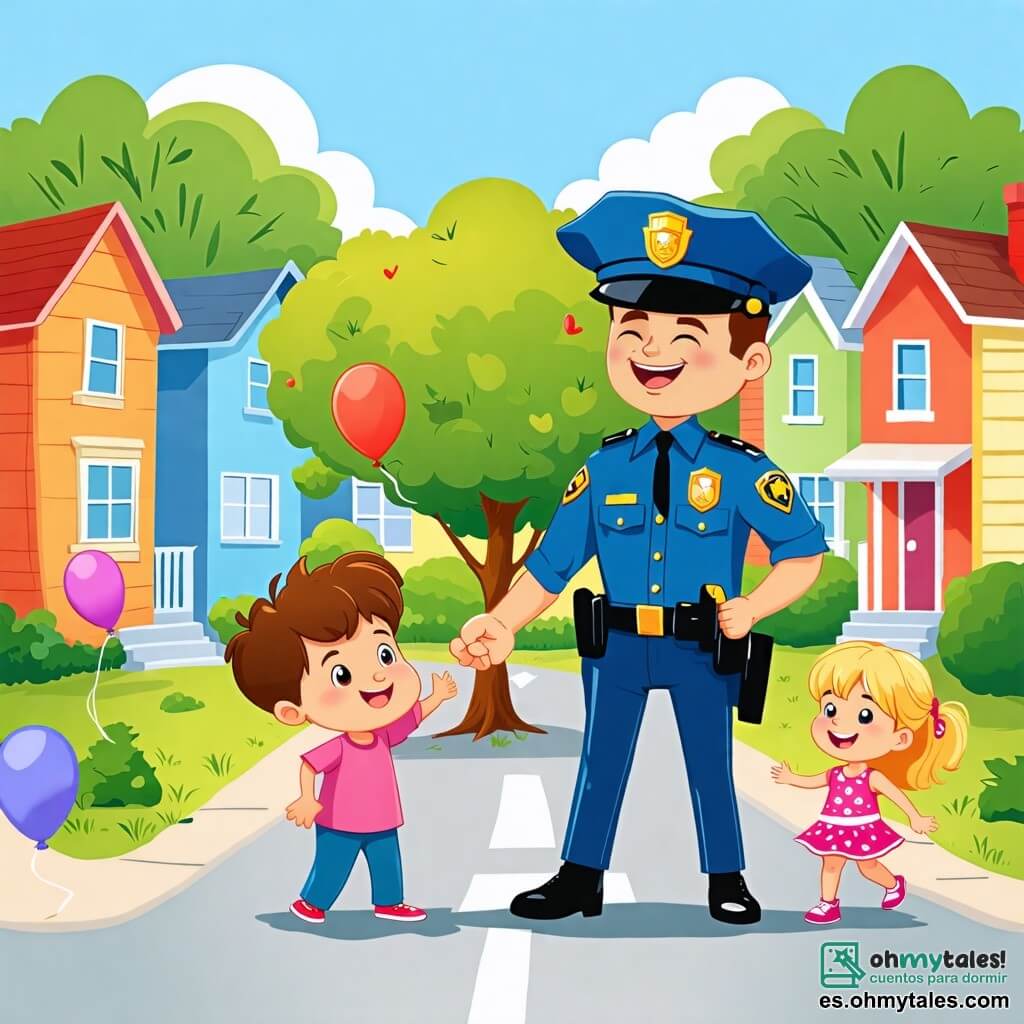 Une illustration sous forme de dessin destinée aux enfants représentant un quartier animé avec des maisons colorées et un arbre verdoyant au centre, où un policier homme, grand et souriant, portant un uniforme bleu et un insigne brillant, aide un jeune garçon curieux aux cheveux bruns et aux yeux pétillants à traverser la rue en toute sécurité, tandis qu'une petite fille aux cheveux blonds joue avec un ballon à proximité, illustrant ainsi l'importance de demander de l'aide et de rester en sécurité dans la communauté.
