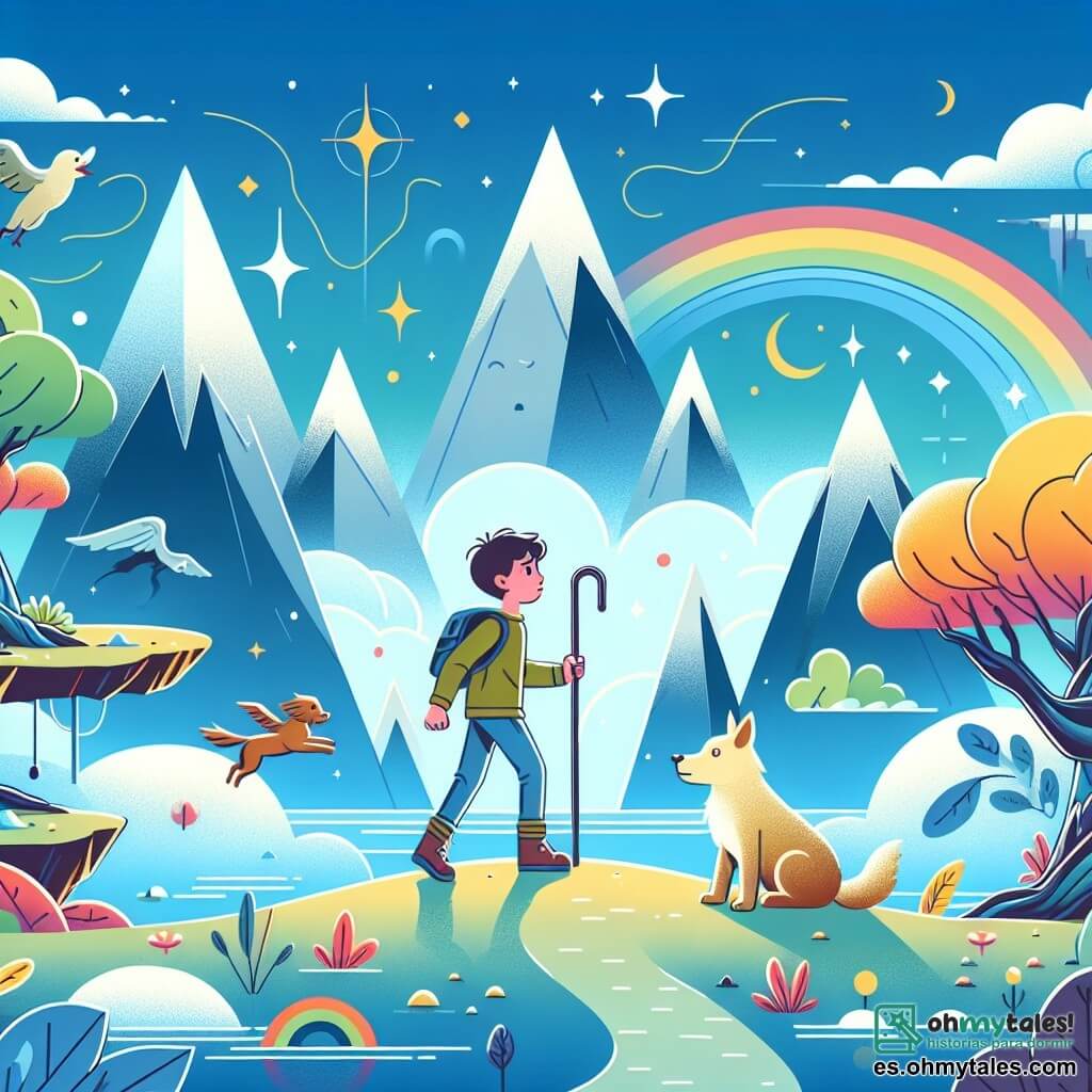 Une illustration destinée aux enfants représentant un jeune garçon intrépide, confronté à un défi impossible, accompagné de son fidèle chien, dans un monde fantastique rempli de montagnes flottantes, d'arbres lumineux et de rivières arc-en-ciel.