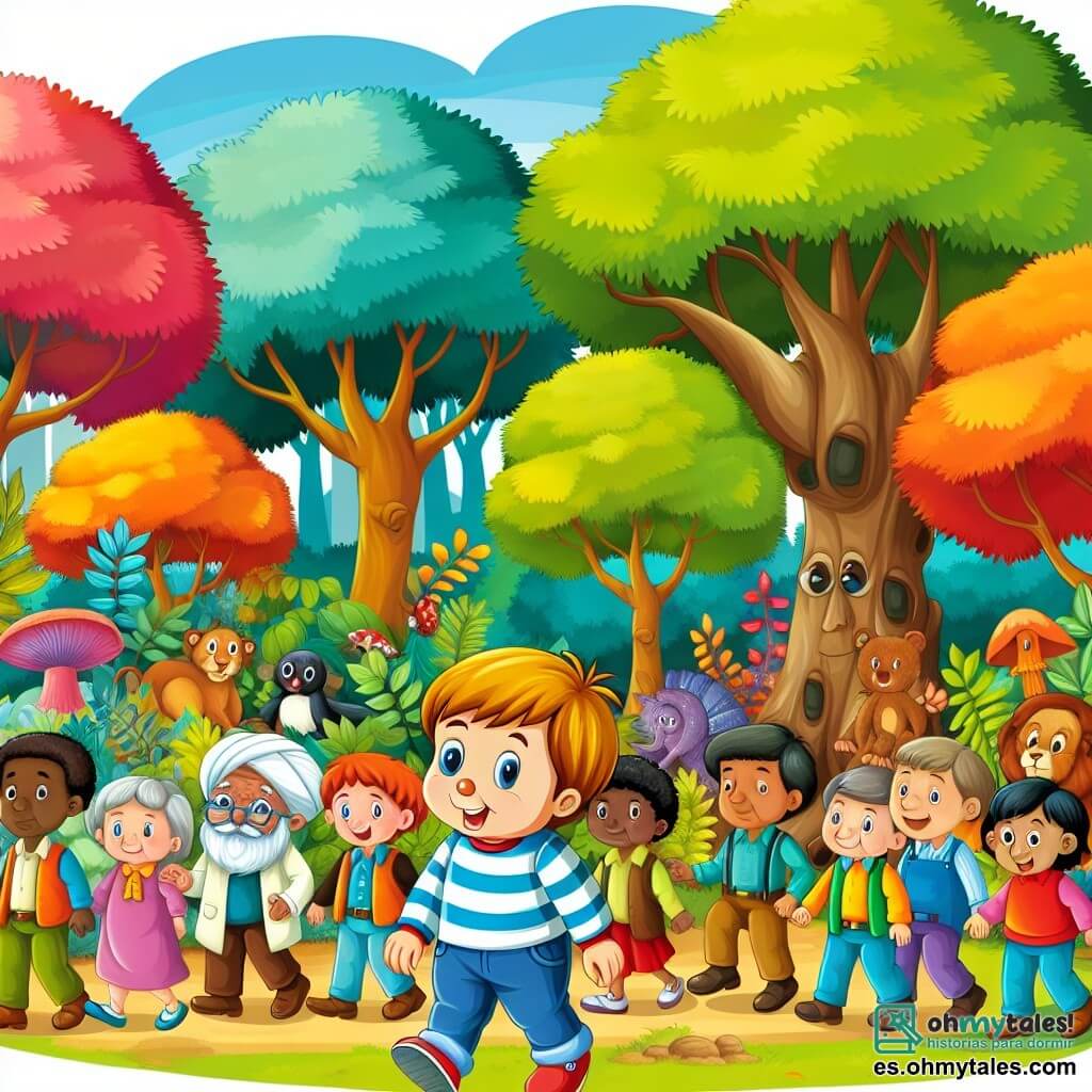 Une illustration destinée aux enfants représentant un petit garçon curieux, entouré d'un groupe d'amis joyeux, découvrant ensemble un parc coloré avec des arbres aux feuilles multicolores et des animaux exotiques.