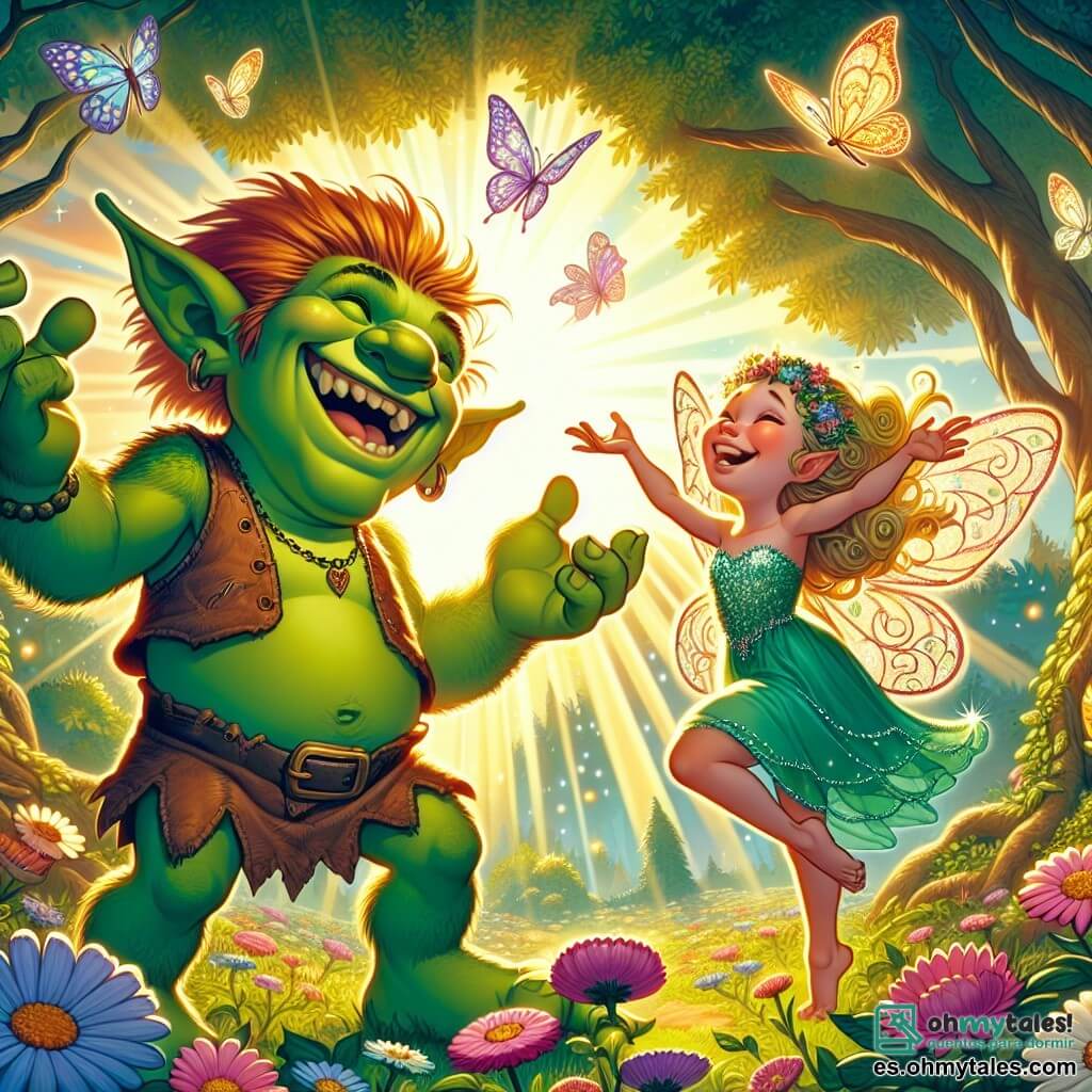 Une illustration sous forme de dessin destinée aux enfants représentant un magnifique clairière ensoleillée au cœur d'un forêt enchantée, où un ogre au teint vert vif, aux grandes oreilles et au sourire chaleureux, joue joyeusement avec une petite fée aux ailes scintillantes, entourés de fleurs colorées et de papillons virevoltants, alors qu'ils rient ensemble et partagent des histoires d'amitié, illustrant la magie de leur lien dans un monde fantastique.