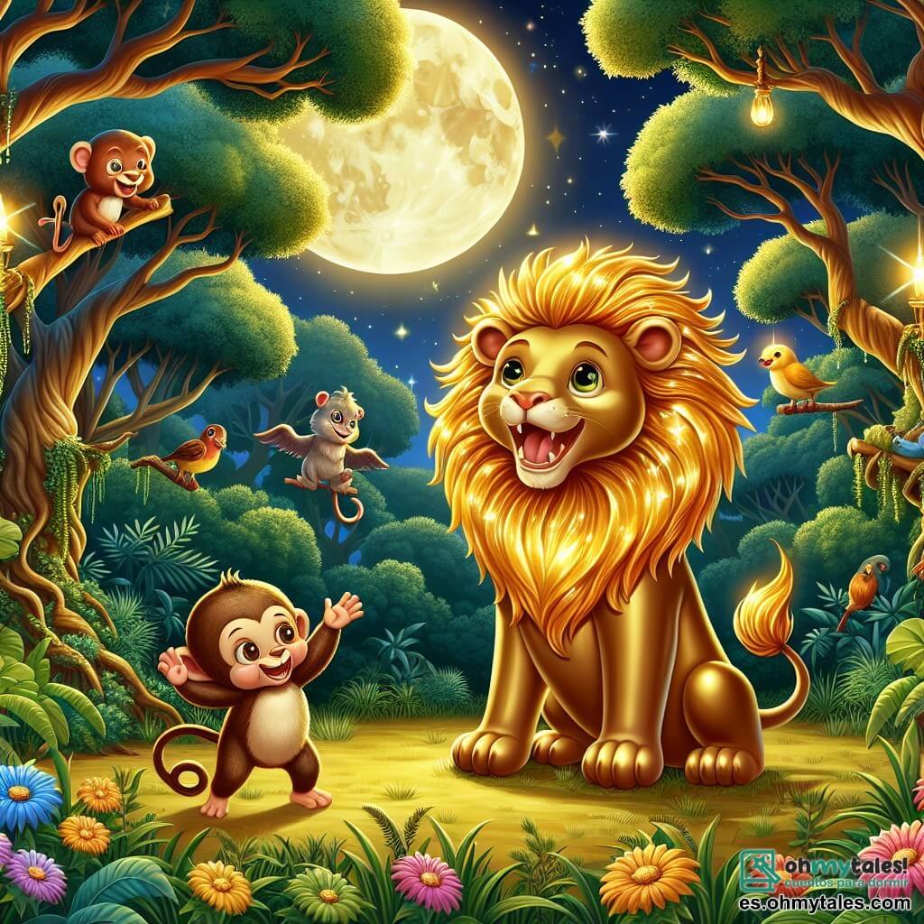 Ilustración que representa un claro en plena jungla, bañado por la suave luz de la luna. Los majestuosos árboles, con troncos gruesos y un follaje exuberante, forman un círculo natural alrededor de un espacio despejado, donde flores coloridas y hierbas altas bailan al compás del viento nocturno. En el centro, un león con pelaje dorado y brillante, y una melena resplandeciente que parece brillar bajo las estrellas, ruge con entusiasmo, sus ojos chispeantes de curiosidad y alegría. A su lado, un pequeño mono travieso, con pelaje marrón y ojos pícaros, se balancea en una liana, riendo y aplaudiendo al león. La escena está llena de otros animales de la jungla, como aves coloridas posadas en las ramas y roedores curiosos que emergen de los arbustos, todos cautivados por el rugido del león. La atmósfera es festiva y alegre, con risas y expresiones de asombro en los rostros de los animales, creando un ambiente de camaradería y celebración.
