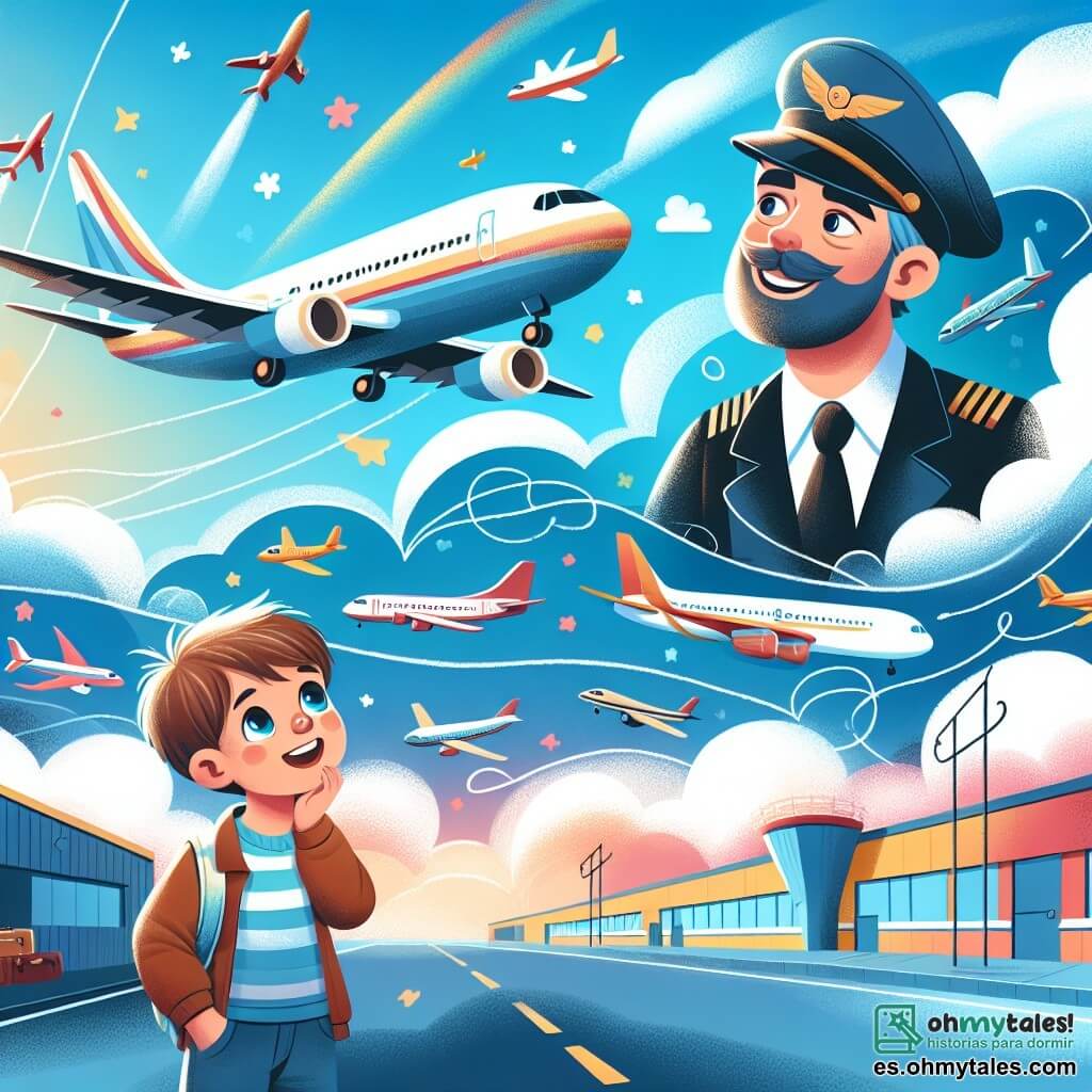 Une illustration destinée aux enfants représentant un jeune garçon rêveur et passionné par les avions, accompagné d'un pilote expérimenté et bienveillant, sur un aéroport animé, avec des avions colorés décollant et atterrissant sous un ciel bleu éclatant.