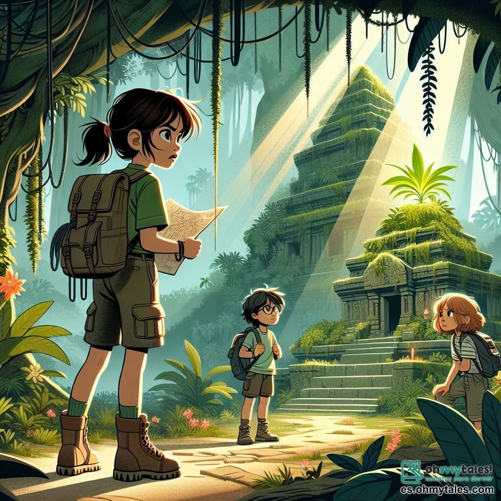 Ilustración que representa un antiguo templo de piedra cubierto de musgo y enredaderas, situado en el corazón de una jungla exuberante. Rayos de luz filtran a través del denso follaje, iluminando flores coloridas y lianas que cuelgan de majestuosos árboles. En primer plano, una joven con cabello castaño recogido en una coleta lleva una mochila llena de herramientas de exploración. Viste una camiseta verde y pantalones cargo, con botas resistentes. Su rostro expresa determinación y asombro mientras observa la planta brillante en el altar del templo. A su lado, un niño de unos 12 años, con cabello negro desordenado y gafas, sostiene un mapa en sus manos. Lleva una camisa a rayas y un pantalón corto, y su mirada está concentrada en el mapa, buscando el mejor camino a seguir. En el fondo, otra niña de aproximadamente 10 años, con cabello rubio y trenzas, observa la escena con curiosidad, sus ojos brillando de emoción. Sostiene un cuaderno y un lápiz, lista para tomar notas sobre su descubrimiento. La situación principal muestra a la joven acercándose a la planta preciosa en el altar, mientras el niño y la niña la observan atentamente, conscientes del peligro que representa la llegada inminente de un hombre amenazante que se aproxima al templo. Elementos gráficos adicionales incluyen animales de la jungla, como un tucán colorido posado en una rama, y insectos brillantes que vuelan a su alrededor, añadiendo un toque de magia a esta escena de aventura.