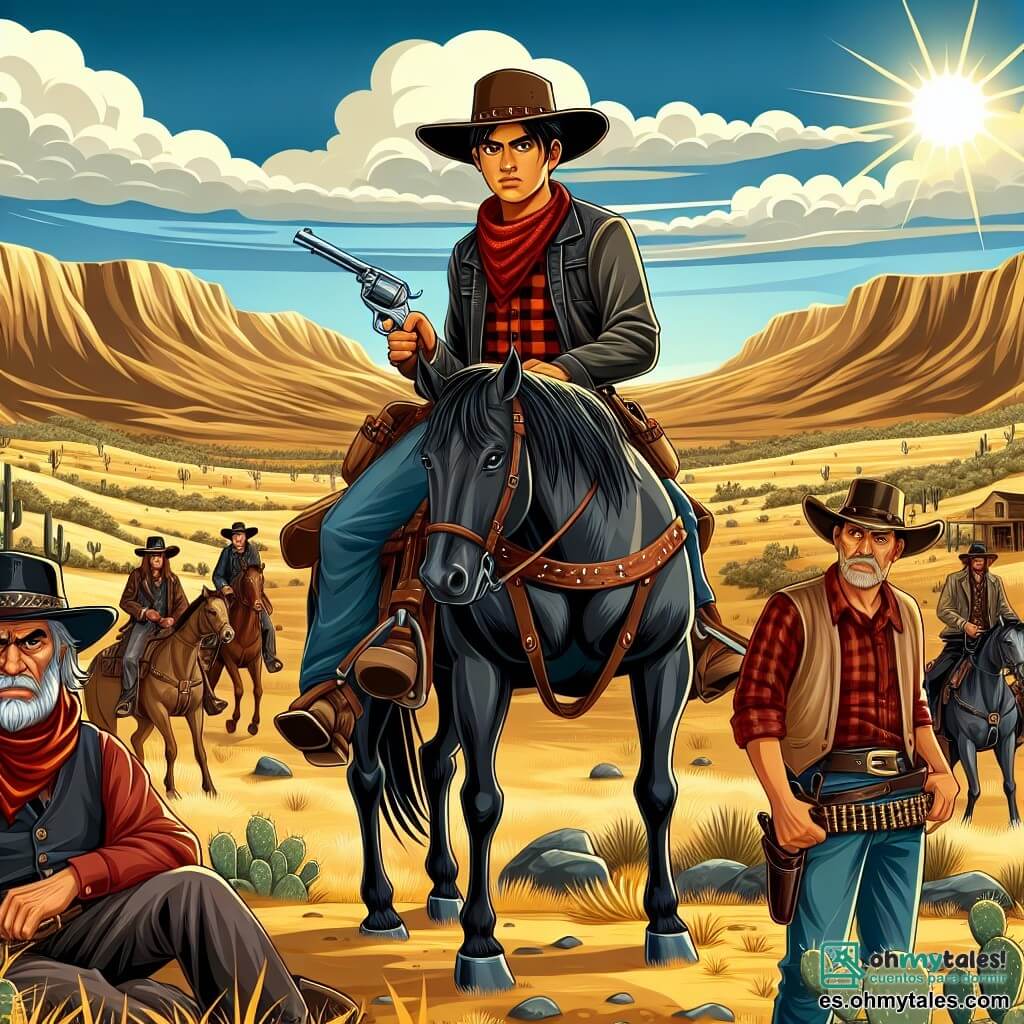 Ilustración que representa un amplio paisaje del Oeste americano, con colinas doradas bajo un cielo azul brillante. En el centro, un joven valiente, de unos veinte años, con un amplio sombrero de vaquero, una camisa de cuadros rojos y un chaleco de cuero. Está montado en un caballo negro, con las riendas firmemente sujetas en sus manos, mostrando una expresión decidida en su rostro. A su lado, un hombre mayor, de unos cincuenta años, con barba canosa y un bandana rojo alrededor del cuello, observa la escena con una mirada sabia, sosteniendo un viejo revólver en la mano. La situación principal muestra al joven vaquero desafiando a un grupo de bandidos que se acercan, listos para atacar. Los bandidos, vestidos con ropas oscuras y polvorientas, están al fondo, con expresiones amenazantes. Cactus y rocas esparcidas añaden un toque de realismo al decorado, mientras un sol brillante ilumina la escena, creando sombras largas y dramáticas.