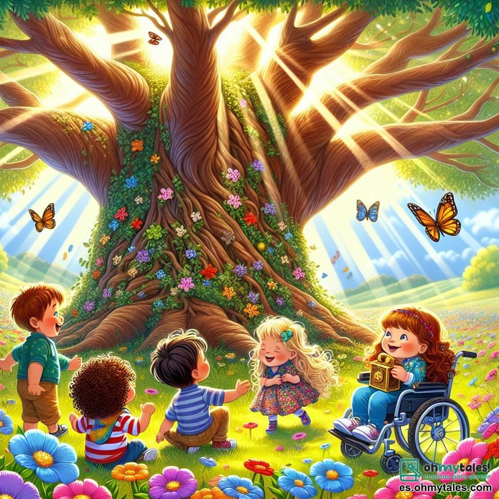 Ilustración que representa un gran árbol majestuoso en el centro de un claro soleado, rodeado de flores coloridas que bailan al viento. Los rayos del sol filtran a través de las hojas, creando un juego de sombras y luces en el suelo. Tres pequeños aventureros están reunidos alrededor de la base del árbol: un niño de tres años con cabello castaño y rizado, que sonríe y lleva ropa colorida, sosteniendo un mapa del tesoro. A su lado, una niña de tres años con cabello rubio y largo, vestida con un vestido de flores, mira asombrada una pequeña caja dorada que acaba de descubrir. Finalmente, un niño de tres años con cabello castaño, sentado en una encantadora silla de ruedas, sonríe alegremente mientras señala la caja. La escena captura el momento en que los niños descubren el tesoro de su aventura, rodeados de la belleza de la naturaleza, con expresiones de alegría y emoción en sus rostros. Mariposas coloridas vuelan a su alrededor, añadiendo un toque de magia a este descubrimiento.