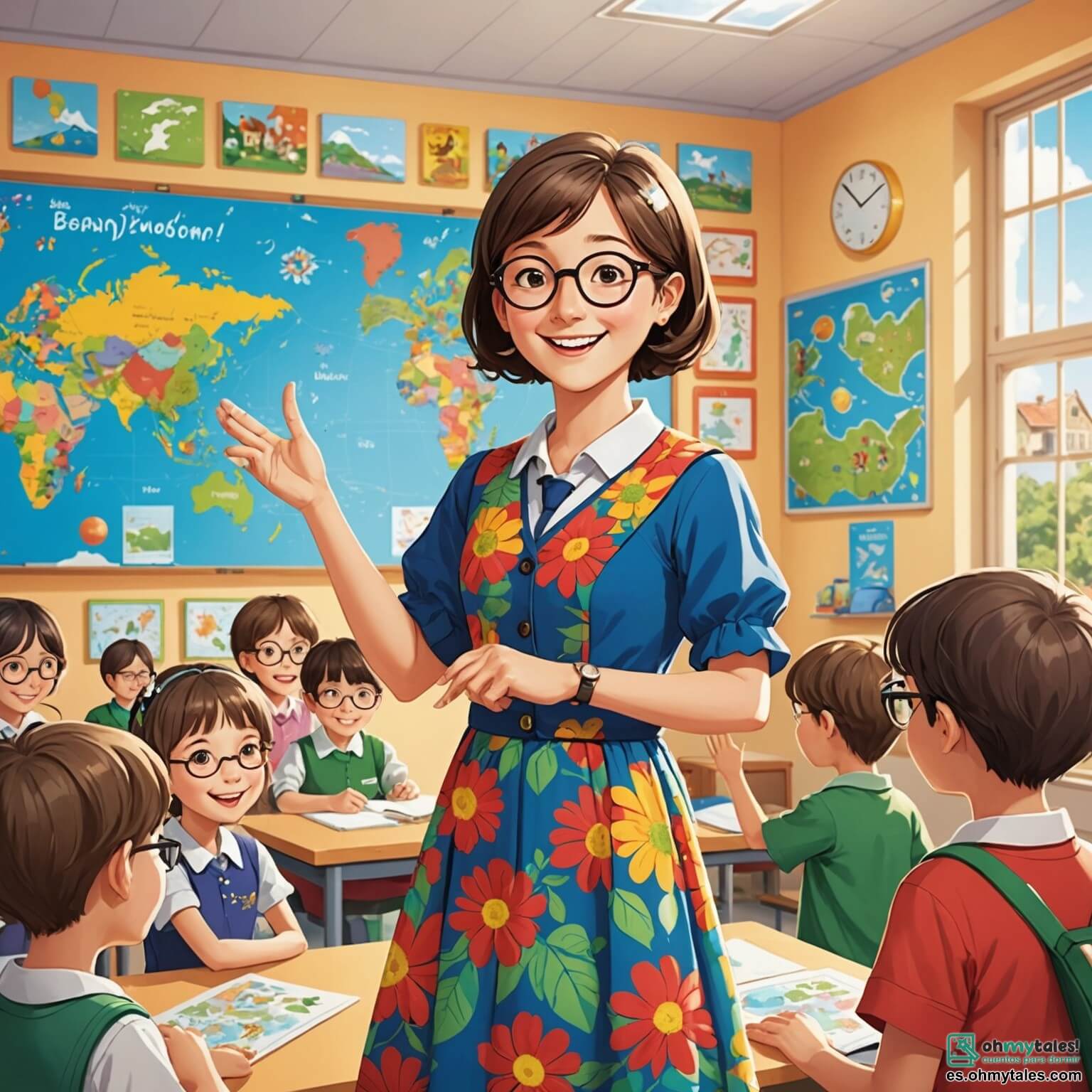 Une illustration destinée aux enfants représentant une institutrice au sourire éclatant, vêtue d'une robe colorée ornée de fleurs, se tenant devant une classe enjouée dans une salle de classe lumineuse aux murs tapissés de dessins d'animaux et de cartes du monde, où un garçon curieux aux lunettes rondes lève la main avec enthousiasme pour poser une question sur les merveilles de la nature.