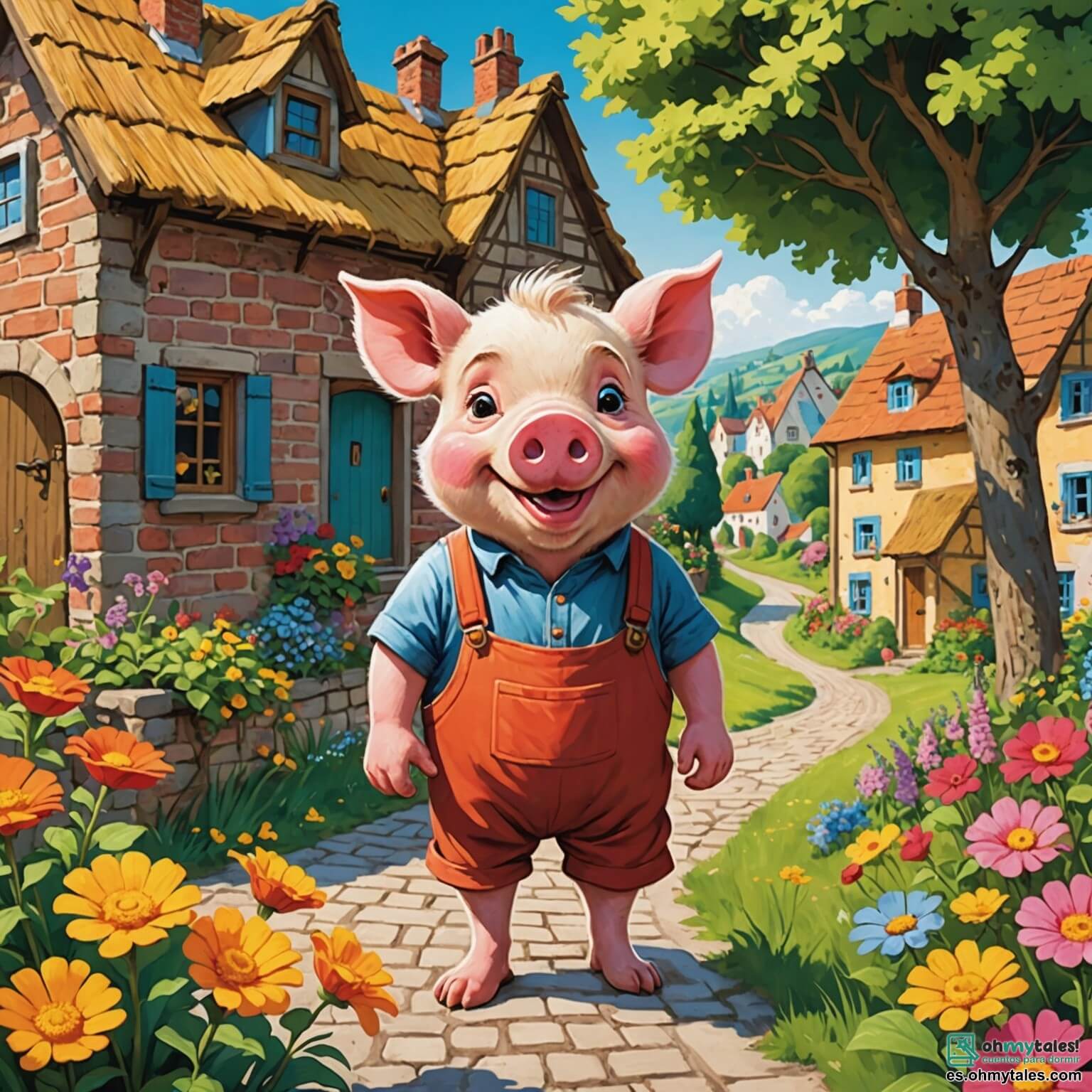 Une illustration destinée aux enfants représentant un petit cochon joyeux, avec un sourire éclatant et des yeux pétillants, dans un charmant village ensoleillé où les maisons colorées aux toits de chaume et de briques se dressent entre des champs de fleurs éclatantes et des arbres majestueux, tandis qu'un loup rusé, aux poils hirsutes et au regard malicieux, se cache derrière un buisson, prêt à troubler la paix de ce lieu enchanteur.