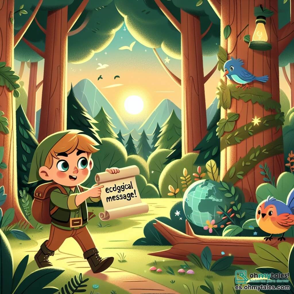 Une illustration destinée aux enfants représentant un jeune garçon intrépide, découvrant un mystérieux message écologique dans une forêt enchantée, accompagné de son fidèle ami, un petit oiseau coloré, tandis que le soleil se couche derrière les majestueux arbres verdoyants.
