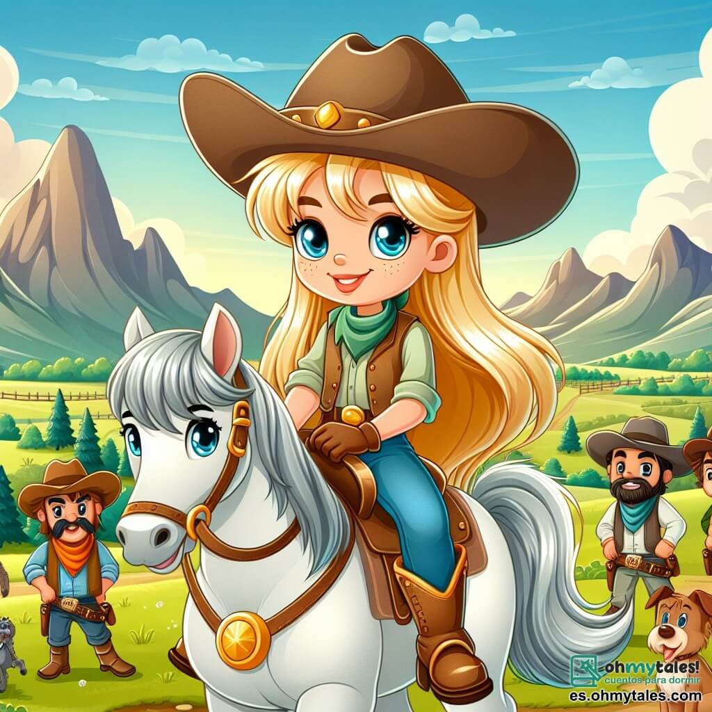 Une illustration sous forme de dessin destinée aux enfants représentant un vaste ranch ensoleillé avec des prairies verdoyantes et des montagnes à l'horizon, où une cow-girl courageuse aux cheveux dorés et aux yeux bleus, portant un grand chapeau de cowboy et des bottes, se tient fièrement sur son cheval blanc, entourée de ses amis, un chien fidèle à la fourrure brune et un groupe de cow-boys souriants, tous en train de préparer une grande course de chevaux, avec des bandits au loin promettant de se comporter, le tout baigné dans une ambiance joyeuse et amicale.