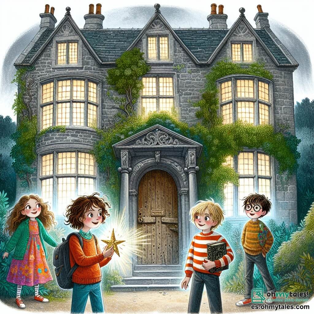 Ilustración que representa una gran casa antigua, la Casa del Eco, con muros de piedra gris cubiertos de hiedra verde y altas ventanas con persianas de madera desgastadas. La puerta de madera maciza está entreabierta, dejando entrever una luz misteriosa que se escapa del interior. En primer plano, cuatro niños, dos niñas y dos niños, están reunidos frente a la casa. La primera niña, con cabello rizado y castaño, lleva un vestido colorido y sostiene una estrella dorada en sus manos, con un rostro radiante de emoción. El segundo niño, con cabello rubio y una gran sonrisa, lleva una camiseta a rayas y un sombrero de colores vivos, listo para aventurarse. La segunda niña, con cabello largo y liso, viste un suéter y mira a su alrededor con curiosidad, mientras que el último niño, con gafas y una expresión decidida, sostiene un viejo libro antiguo bajo su brazo. La escena captura el momento en que los niños, llenos de entusiasmo y un poco de miedo, se encuentran frente a la casa misteriosa, listos para entrar y descubrir los secretos que guarda. Sombras bailan detrás de las ventanas, y flores silvestres de colores rodean el camino que lleva a la puerta, añadiendo un toque de magia a la atmósfera intrigante.