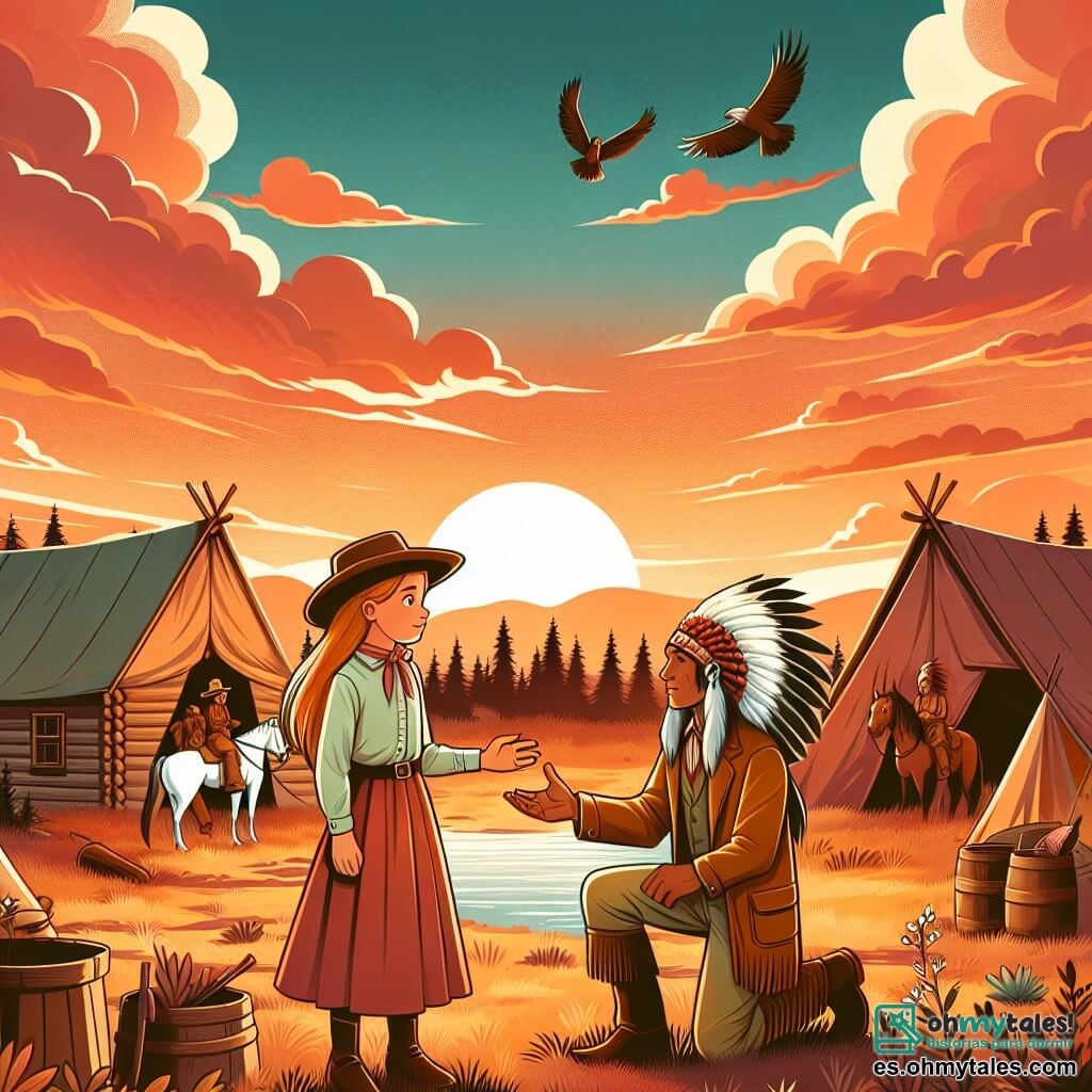 Une illustration destinée aux enfants représentant une jeune cowgirl intrépide, une rencontre inattendue avec un sage chef indien, dans un paisible campement au cœur des vastes plaines du Far West, où le ciel se teintait de couleurs chaudes au coucher du soleil.