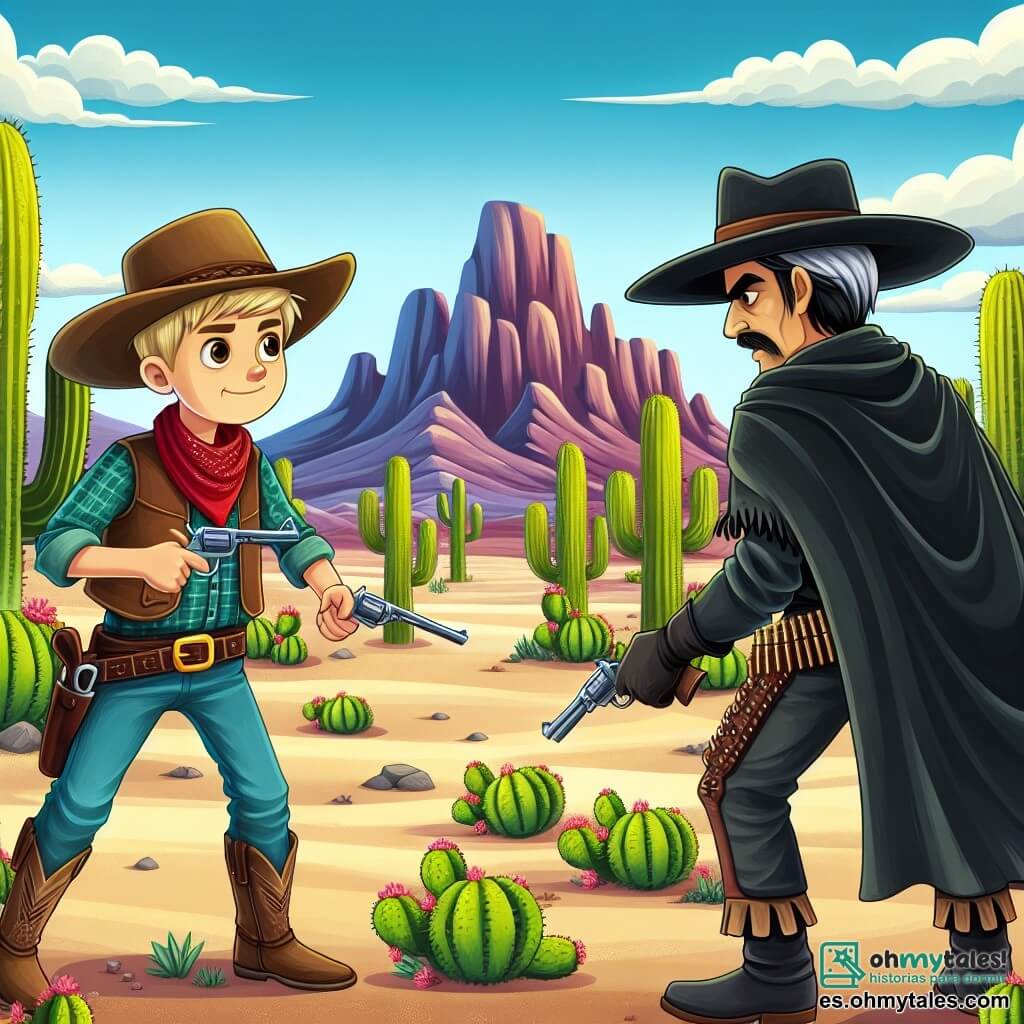 Une illustration destinée aux enfants représentant un jeune cow-boy courageux, affrontant un méchant forajido, dans le désert aride du Far West, entouré de cactus géants et de montagnes majestueuses.