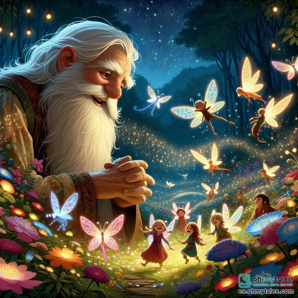 Une illustration sous forme de dessin destinée aux enfants représentant un vaste jardin enchanté rempli de fleurs lumineuses et de lucioles dans un clair-obscur magique, où un géant bienveillant à la barbe longue et blanche, aux yeux pétillants de sagesse, se penche avec un sourire chaleureux pour parler à un groupe de petites créatures féeriques aux ailes colorées, qui dansent joyeusement autour de lui, alors qu'ils planifient ensemble une aventure pour retrouver un cristal magique volé par un dragon espiègle, le tout baigné dans une lumière douce et scintillante qui évoque la magie et l'amitié.