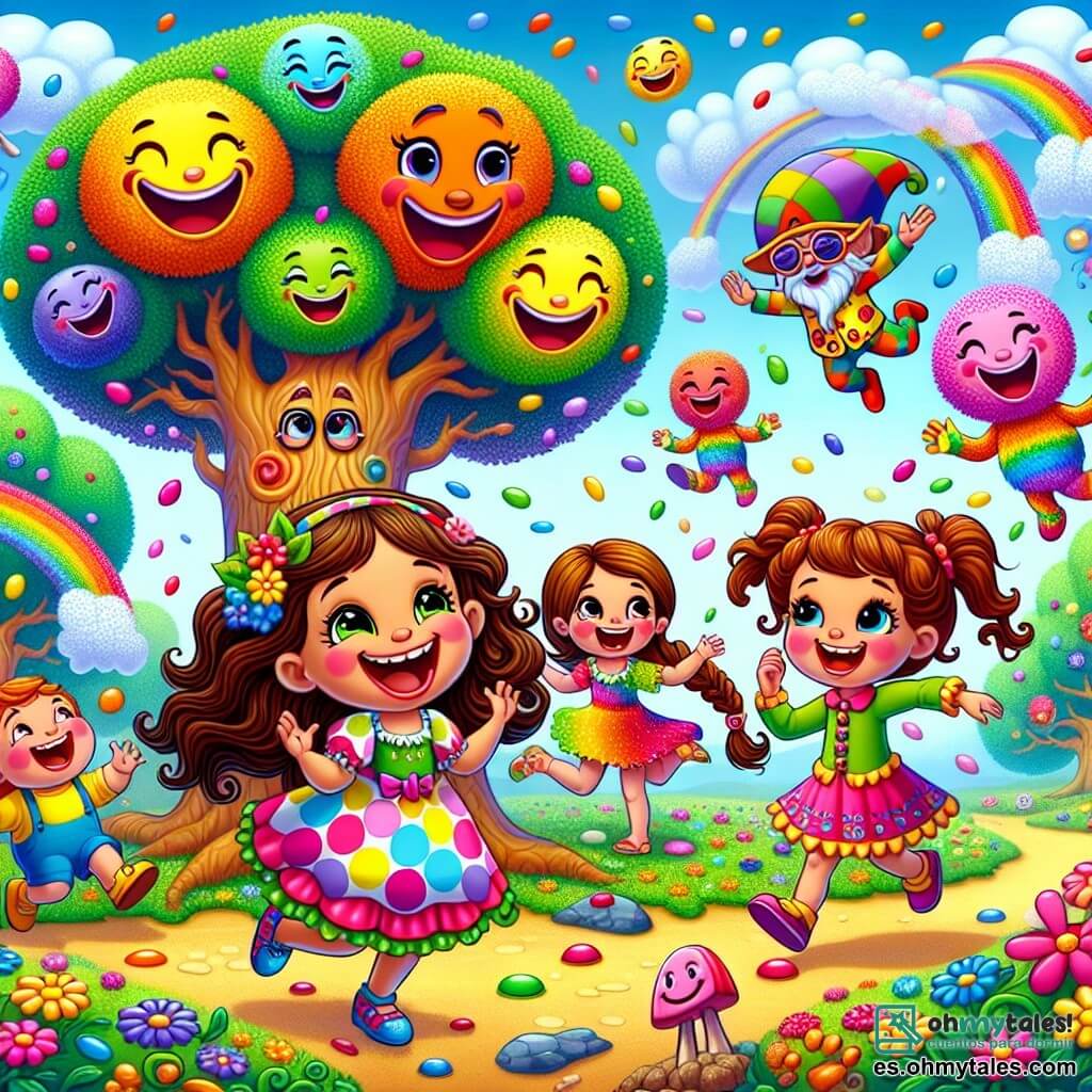 Ilustración que representa un mundo mágico y colorido, donde los árboles tienen caras sonrientes y hojas multicolores. El suelo está cubierto de flores danzantes, y un cielo azul brillante está salpicado de nubes en forma de caramelos. En el centro de la escena, una niña de unos 8 años, con largos cabellos castaños y ojos chispeantes, lleva un vestido de lunares coloridos. Ríe alegremente, rodeada de tres otras niñas de su edad, todas con peinados diferentes y ropa brillante. Una tiene dos coletas, otra una trenza y la tercera el cabello rizado. Todas corren hacia un gran árbol con ramas cargadas de frutas en forma de risas. Junto a ellas, un pequeño duende con un sombrero puntiagudo y un gran bigote sonriente se divierte contando chistes, mientras que una gran rana con gafas de sol se encuentra en una roca, riendo a carcajadas. La escena principal muestra a los niños corriendo, riendo a carcajadas, mientras un dragón de peluche colorido vuela sobre ellos, lanzando chispas de colores. Burbujas de diálogo flotan alrededor, conteniendo chistes divertidos, creando una atmósfera alegre y lúdica.