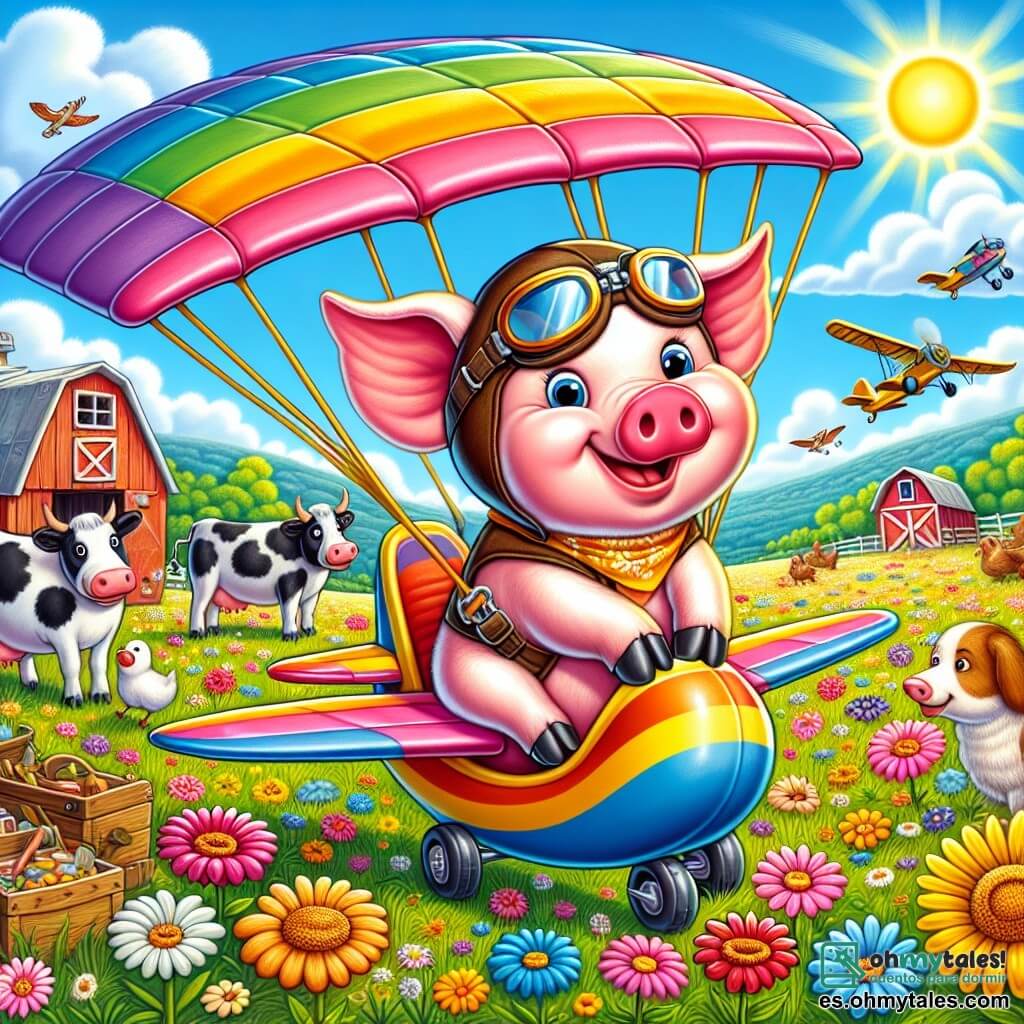 Ilustración que representa una escena alegre en un campo soleado de la Granja Risas, con flores coloridas y un cielo azul brillante. En el centro, un cerdo de orejas rosas y piel brillante, con unas grandes gafas de piloto en la nariz, se encuentra sobre un ala delta colorida, listo para despegar. Muestra una amplia sonrisa, rebosante de emoción y determinación. A su alrededor, varios animales de la granja, como una vaca de pelaje manchado de negro y blanco, que mira con curiosidad, y un perro de pelo dorado, que mueve la cola con entusiasmo, animan al cerdo. Al fondo, se puede ver un gran granero con herramientas esparcidas, gallinas picoteando el suelo y un cielo salpicado de nubes esponjosas. La escena irradia una atmósfera de camaradería y aventura, capturando el momento en que el cerdo está a punto de realizar su sueño de volar.