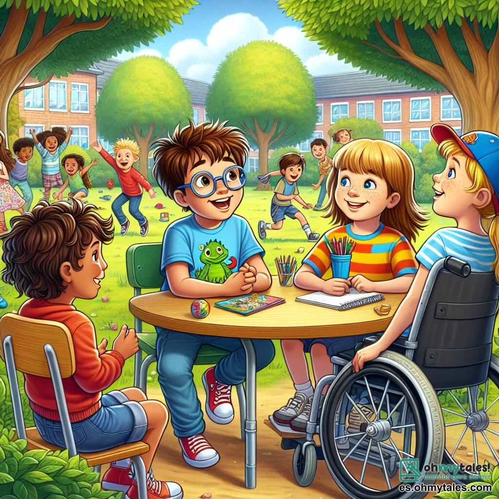Ilustración que representa un patio escolar animado, rodeado de grandes árboles con hojas verdes brillantes, donde niños juegan y ríen. En el centro, un grupo de cuatro amigos se encuentra alrededor de una mesa de madera, cada uno sonriendo alegremente. El primer personaje es un niño de unos 10 años, con cabello castaño desordenado y gafas. Lleva una camiseta azul con un dragón y parece entusiasta, gesticulando con las manos al hablar. A su lado, un niño de 10 años, con cabello rubio y ojos brillantes, está sentado en una silla de ruedas, mostrando una amplia sonrisa y con una gorra roja en la cabeza. Sostiene un pequeño cuaderno y un lápiz, listo para tomar notas. El tercer personaje es una niña de 10 años, con cabello largo y rizado, que lleva un vestido colorido. Mira a su amigo en la silla de ruedas con admiración, con las manos apoyadas en la mesa. Por último, otro niño de 10 años, con cabello negro y una camisa a rayas, se inclina hacia adelante, concentrado, escuchando atentamente. La situación principal muestra a los niños discutiendo con entusiasmo su proyecto para mejorar la accesibilidad de la escuela, rodeados de dibujos y planes que han realizado juntos. Al fondo, otros niños juegan, y carteles coloridos en las paredes de la escuela anuncian actividades inclusivas. Rayos de sol filtran a través de las ramas de los árboles, creando un ambiente cálido y acogedor.