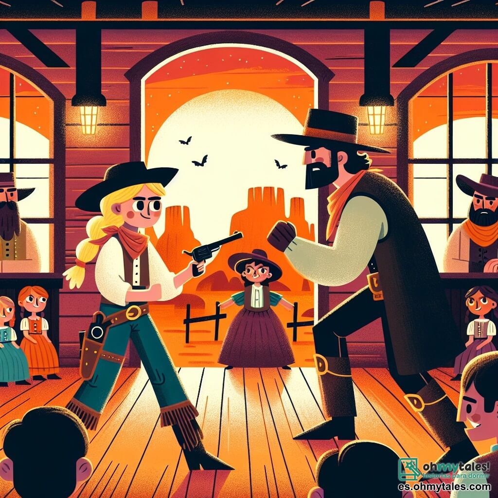 Une illustration destinée aux enfants représentant une courageuse cowgirl, défiant un redoutable bandit dans un vieux saloon du Far West, sous un ciel orangé illuminé par le soleil couchant, entourée de villageois reconnaissants.