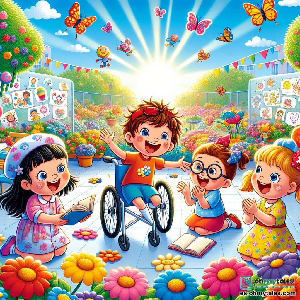 Ilustración que representa una escena luminosa en un jardín de hospital, lleno de flores coloridas que bailan con la brisa. En el centro, un grupo de cuatro niños se agrupa, todos sonriendo y llenos de vida. Un niño de aproximadamente 8 años, con el pelo castaño desordenado y una gorra roja, está sentado en una silla de ruedas, riendo a carcajadas. A su lado, una niña de 7 años, con el pelo largo y rubio, sostiene un libro abierto, con los ojos brillantes de entusiasmo. Otro niño, de 8 años, con gafas y pelo negro, está de pie, listo para contar un chiste, mientras que una niña de 6 años, con dos coletas y un vestido de flores, aplaude con alegría. Todos están preparando una pequeña obra de teatro, rodeados de dibujos coloridos colgados en las paredes del jardín. El cielo es de un azul brillante, y mariposas vuelan a su alrededor, añadiendo un toque de magia a la escena. Globos de diferentes colores flotan en el aire, simbolizando la amistad y la alegría, mientras que un gran cartel en el fondo anuncia su espectáculo: "Los valientes del jardín".