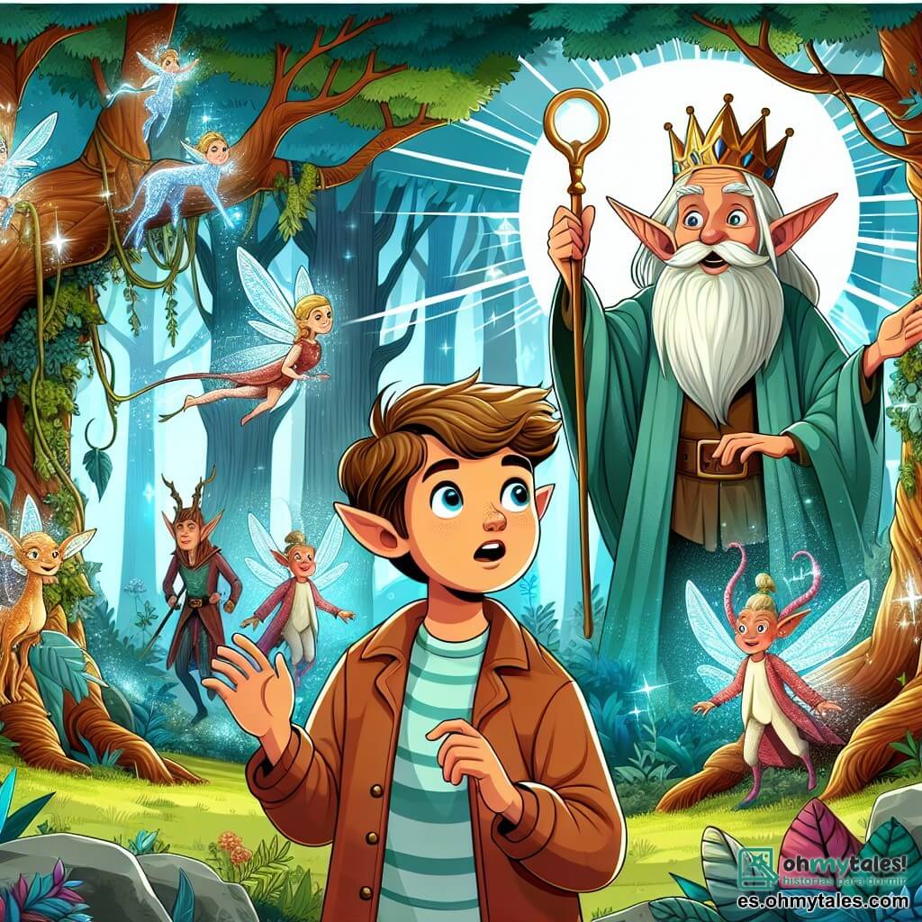 Une illustration destinée aux enfants représentant un garçon curieux se retrouvant soudainement dans un royaume enchanté, accompagné d'une elfe féminine aux yeux centelleants, dans un bosque magique rempli d'arbres centenaires et de créatures fantastiques.