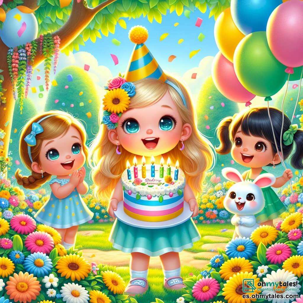 Ilustración que representa un jardín soleado, lleno de flores coloridas en tonos vivos de rojo, amarillo y azul. En el centro, un gran árbol con hojas verdes brillantes ofrece sombra, mientras que globos multicolores flotan en el cielo azul claro. En el jardín, una niña de aproximadamente tres años, con cabello dorado y ojos brillantes, lleva un bonito sombrero de fiesta amarillo. Sonríe alegremente mientras sostiene un pastel de cumpleaños decorado con velas. A su lado, dos niñas, una con cabello castaño y trenzas, y la otra con cabello negro en una coleta, ríen y aplauden, con los ojos brillantes de emoción. Al fondo, un pequeño conejo blanco con grandes orejas, con una expresión amistosa, observa a los niños con curiosidad. La escena irradia una atmósfera festiva, llena de alegría y amistad, con confeti de colores flotando en el aire y risas resonando.