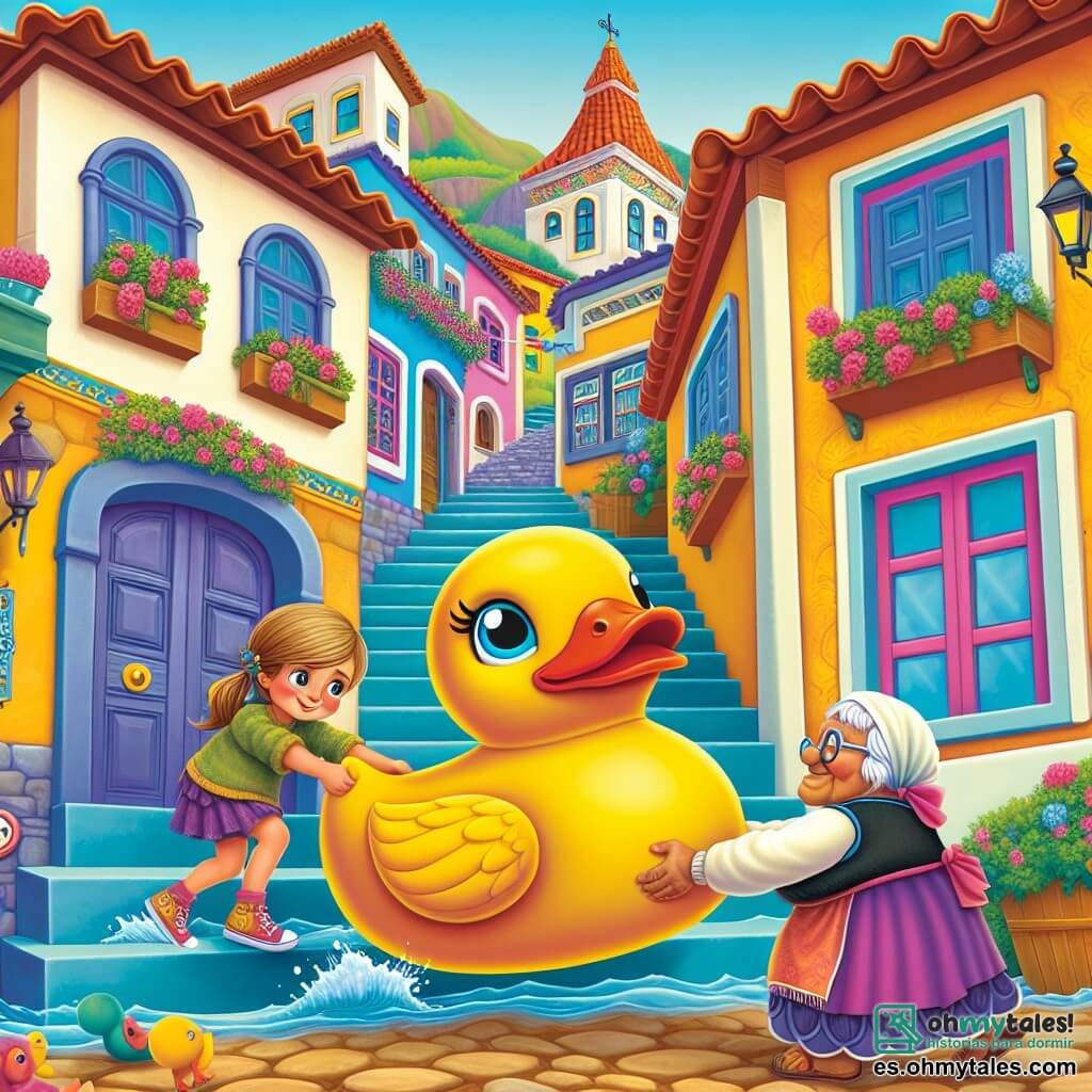 Une illustration destinée aux enfants représentant une petite fille audacieuse acceptant le défi impossible de ramener un pato géant en plastique chez elle, avec l'aide de son abuelita, dans le pittoresque village coloré de Villa Feliz, où les rues sont bordées de maisons aux façades fleuries et aux toits en tuiles rouges.