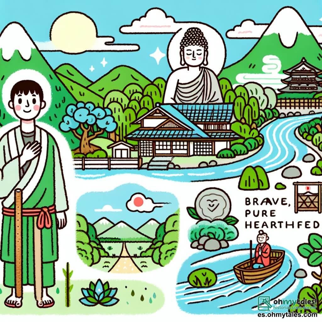 Une illustration destinée aux enfants représentant un homme au cœur pur et courageux, une rencontre magique avec un Bodhisattva bienveillant, et un paisible village japonais entouré de montagnes verdoyantes et de rivières cristallines.