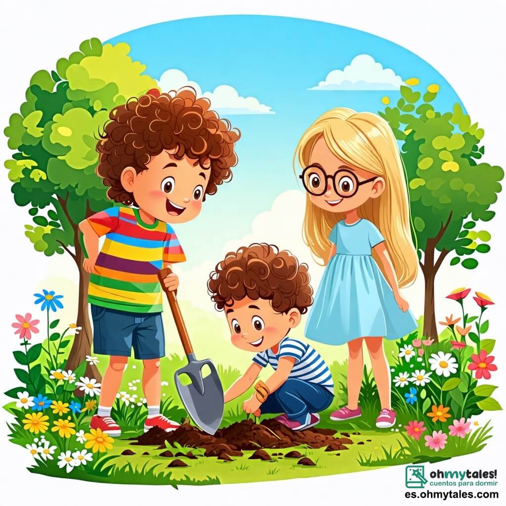 Une illustration sous forme de dessin destinée aux enfants représentant un parc verdoyant avec des arbres en fleurs et un ciel bleu éclatant, où un garçon de 10 ans aux cheveux bruns et bouclés, portant un t-shirt coloré et un short, est en train de planter une petite fleur avec enthousiasme, tandis qu'à ses côtés, une fille aux cheveux longs et blonds, vêtue d'une robe légère, arrose une autre plante, et un garçon aux lunettes et aux cheveux châtains, habillé d'un t-shirt à rayures, tient une pelle, tous souriant et unis dans leur effort pour revitaliser leur parc et lutter contre le changement climatique.