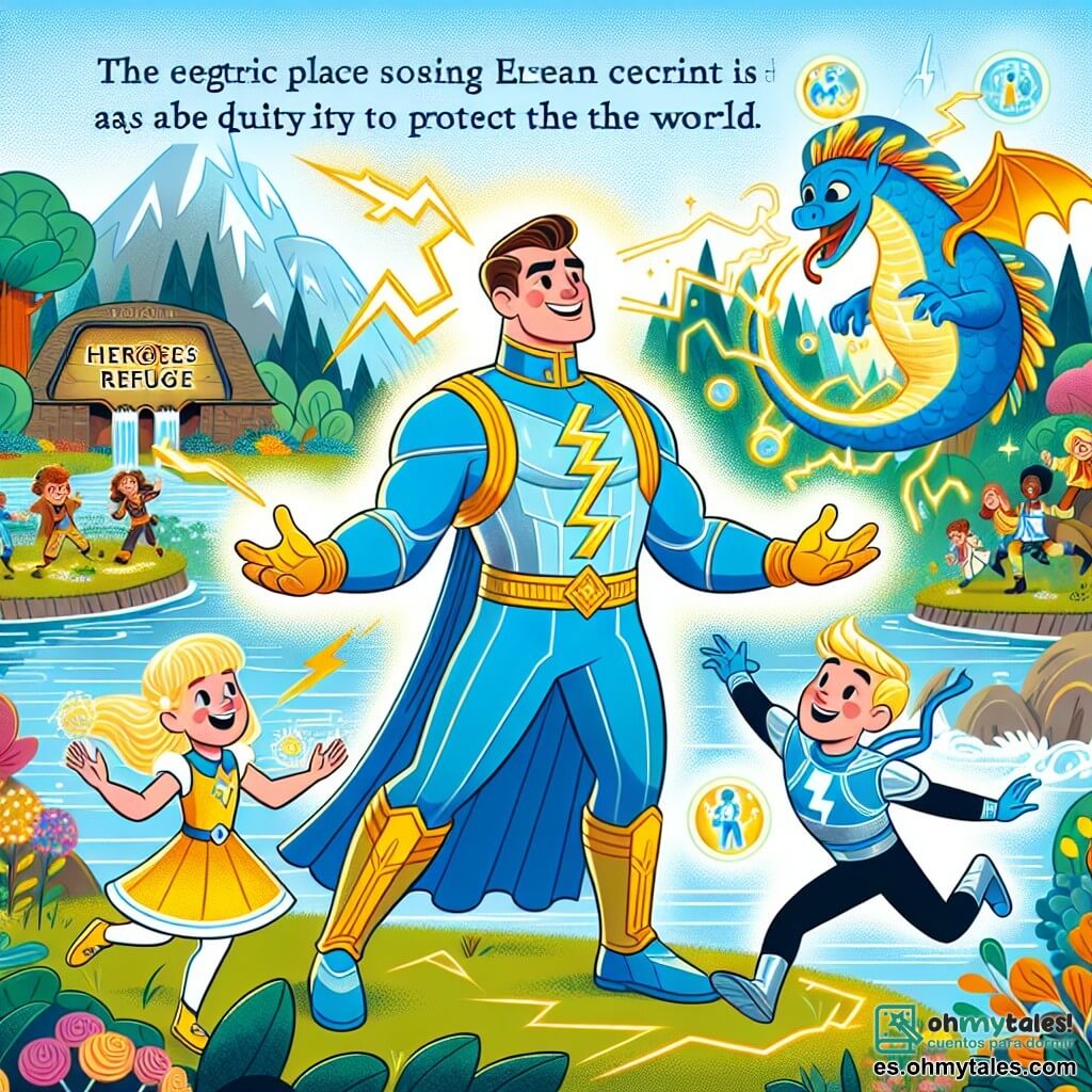 Une illustration sous forme de dessin destinée aux enfants représentant un magnifique Refugio de los Héroes, un lieu magique avec des arbres aux feuilles colorées et des rivières chantantes, où un homme grand et musclé, avec un costume bleu brillant et des éclats dorés, utilise ses pouvoirs électriques pour illuminer le ciel, tandis qu'une fille aux cheveux dorés, capable de créer des bulles de lumière, et un garçon rapide comme l'éclair, courent autour de lui pour capturer un dragon coloré qui joue avec eux, symbolisant l'esprit d'équipe et l'amitié dans leur quête pour protéger le monde.