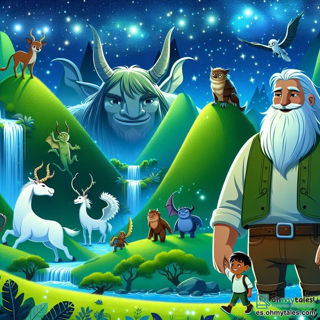 Une illustration destinée aux enfants représentant un géant bienveillant, accompagné d'un jeune explorateur intrépide, découvrant un monde enchanté rempli de créatures fantastiques, dans un paysage luxuriant où les collines verdoyantes se fondent avec un ciel étoilé et des cascades scintillantes.