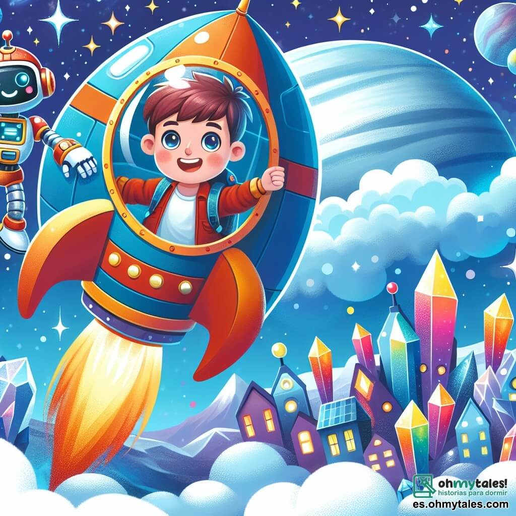 Une illustration destinée aux enfants représentant un garçon courageux embarquant dans une navette spatiale aux couleurs vives, accompagné d'un robot joyeux aux yeux lumineux, en direction d'une planète lointaine où les villes flottent dans le ciel illuminé par des cristaux scintillants.