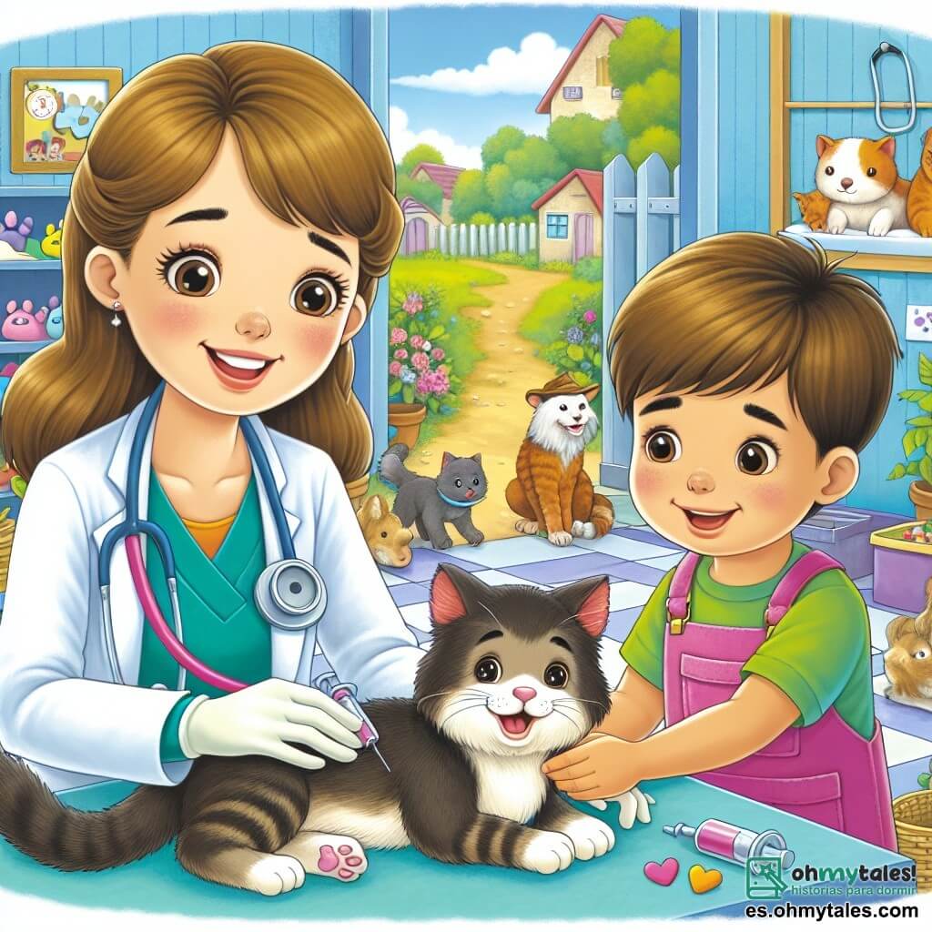 Une illustration destinée aux enfants représentant une jeune vétérinaire souriante soignant un chat blessé avec l'aide d'un enfant curieux, dans une clinique vétérinaire colorée remplie de plantes et de jouets pour animaux, située au cœur d'un charmant village rempli d'animaux de compagnie.