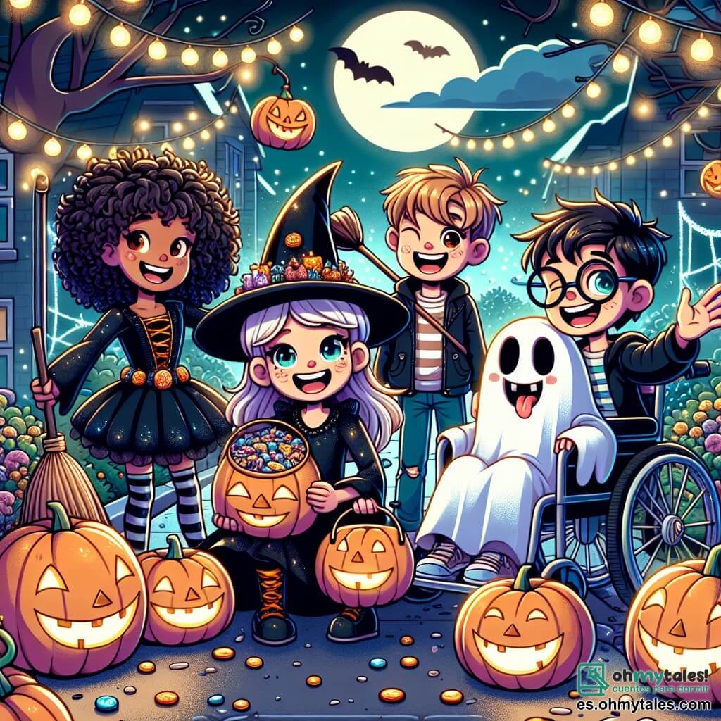 Ilustración que representa una escena mágica de Halloween en un jardín decorado. El jardín está lleno de luces centelleantes, calabazas sonrientes y telarañas brillantes, todo bañado en una suave luz lunar. En el centro, cuatro niños están reunidos: una niña de ocho años con cabello rizado y un vestido de bruja negro, sosteniendo una escoba, sonríe con entusiasmo. A su lado, una niña de ocho años con gafas y un disfraz de fantasma, riendo alegremente, sostiene un cubo lleno de dulces de colores. Otra niña de nueve años, sentada en una silla de ruedas decorada con guirnaldas luminosas, lleva un disfraz de vampiro y hace un gesto amistoso con una sonrisa radiante. Por último, un niño de ocho años con una máscara de monstruo en la cara, ríe mientras sostiene una gran calabaza. Juntos, se dirigen hacia una casa misteriosa, rodeada de niebla y decoraciones espeluznantes, listos para vivir una aventura inolvidable.