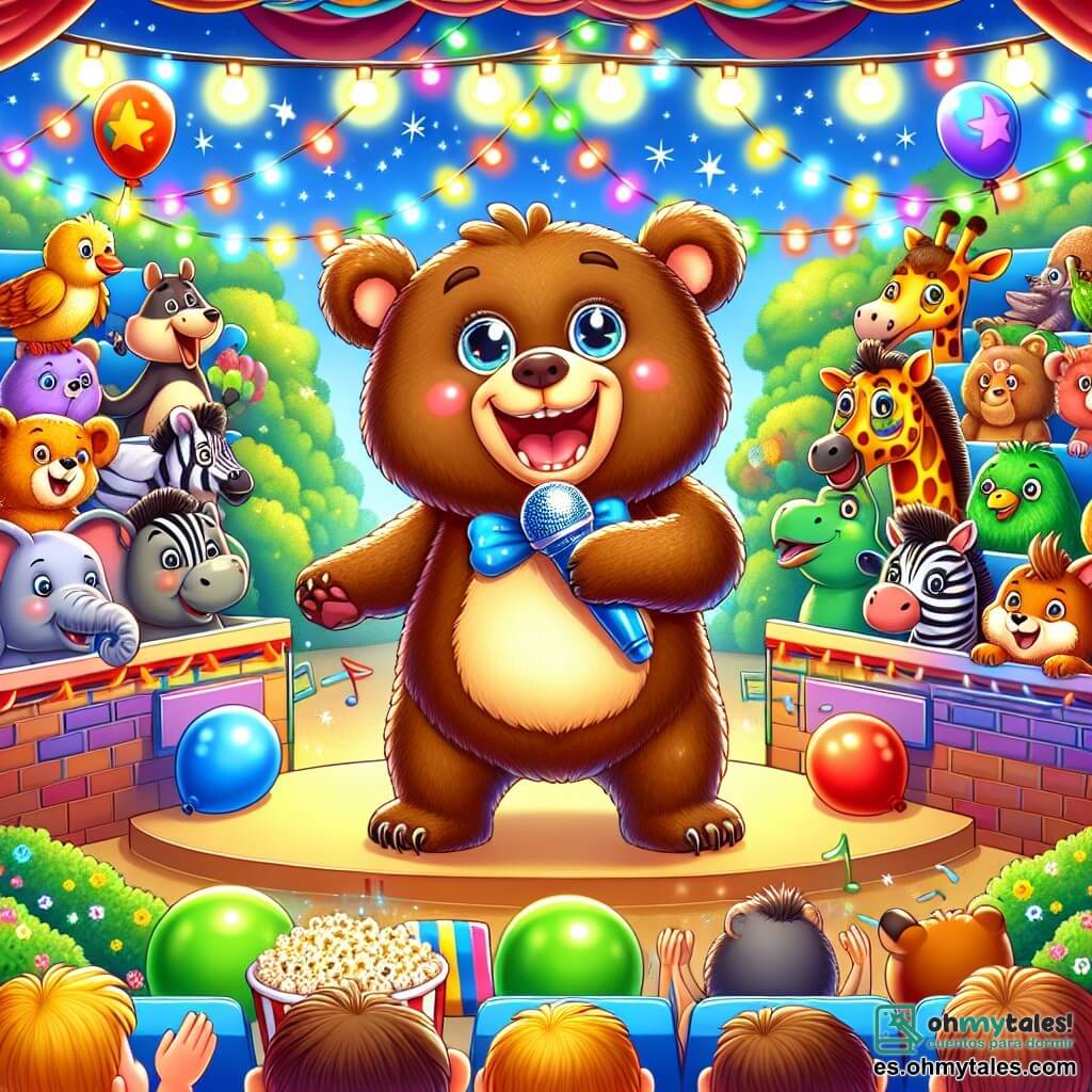 Ilustración que representa una escena alegre en un zoológico colorido, con recintos animados y árboles verdes. En el centro, un oso de pelaje marrón y suave, con grandes ojos chispeantes de travesura, se encuentra en el escenario, riendo a carcajadas mientras sostiene un micrófono en forma de pez. A su alrededor, animales curiosos como un loro de plumas brillantes, una cebra con rayas blancas y negras, y un elefante de grandes orejas, todos aplaudiendo y riendo. La escena está llena de luces centelleantes y globos de colores flotando en el aire, creando una atmósfera festiva y divertida. Al fondo, niños de aproximadamente 6 a 8 años, maravillados, observan con sonrisas radiantes, algunos sosteniendo palomitas y otros juguetes de peluche. Todo transmite una sensación de alegría, amistad y risas compartidas.
